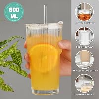 ALINK 4 darabos 600 ml bordázott üvegpohár szett fedővel és szívószállal, vastag falú smoothie poharak légmentesen záró 4