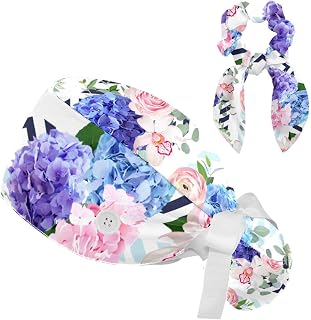 FVQL 2 Pieces Surgical Cap for Long Hair Scrub Cap with Hairband Nurse Cap, Flower Hydrangeas Rose Pattern