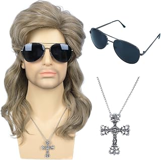 80s Light Blonde Mullet Wigs for Men with Sunglasses and Cross Necklace Retro 80s Fashion Heavy Metal Rock-Rocker Hairstyle Wigs Perfect for Themed Party Role-Playing Halloween, Cosplay, and Costume
