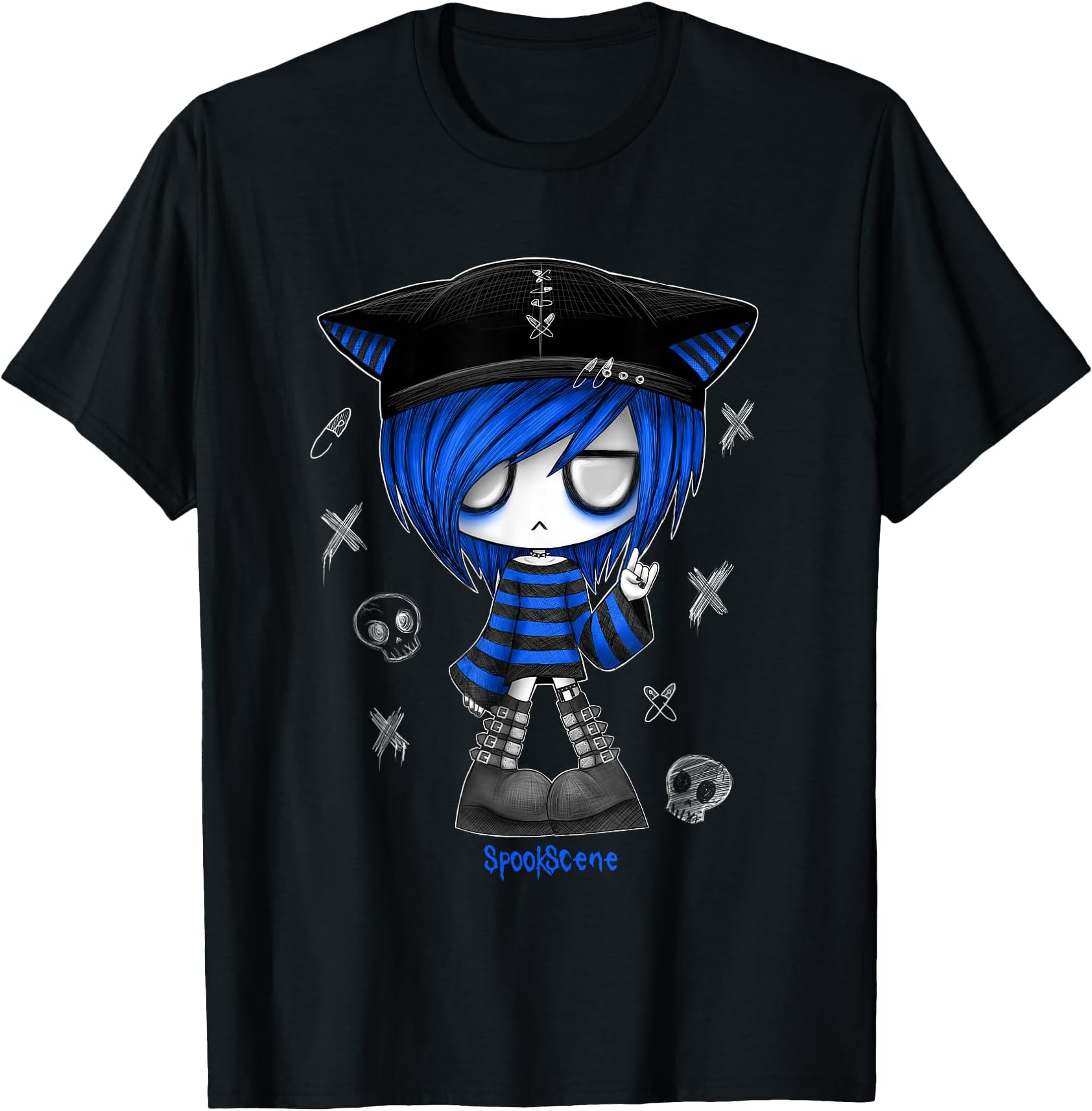 Edgy Kitty Hat Scene Kid Emo Alt Goth Blue T-Shirt