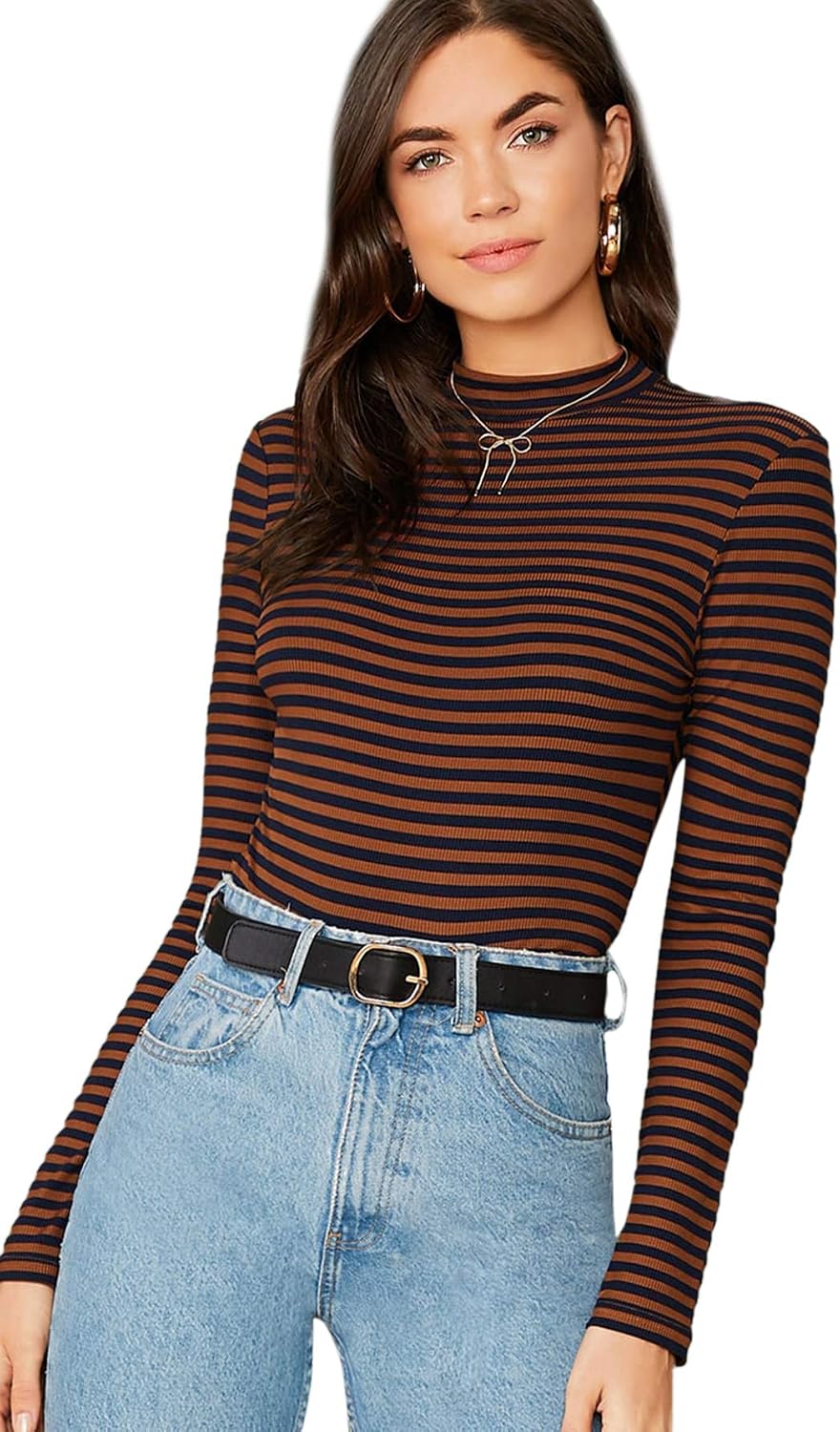 Amazon.com: SheIn Camiseta de manga larga con cuello alto y rayas para  mujer : Ropa, Zapatos y Joyería