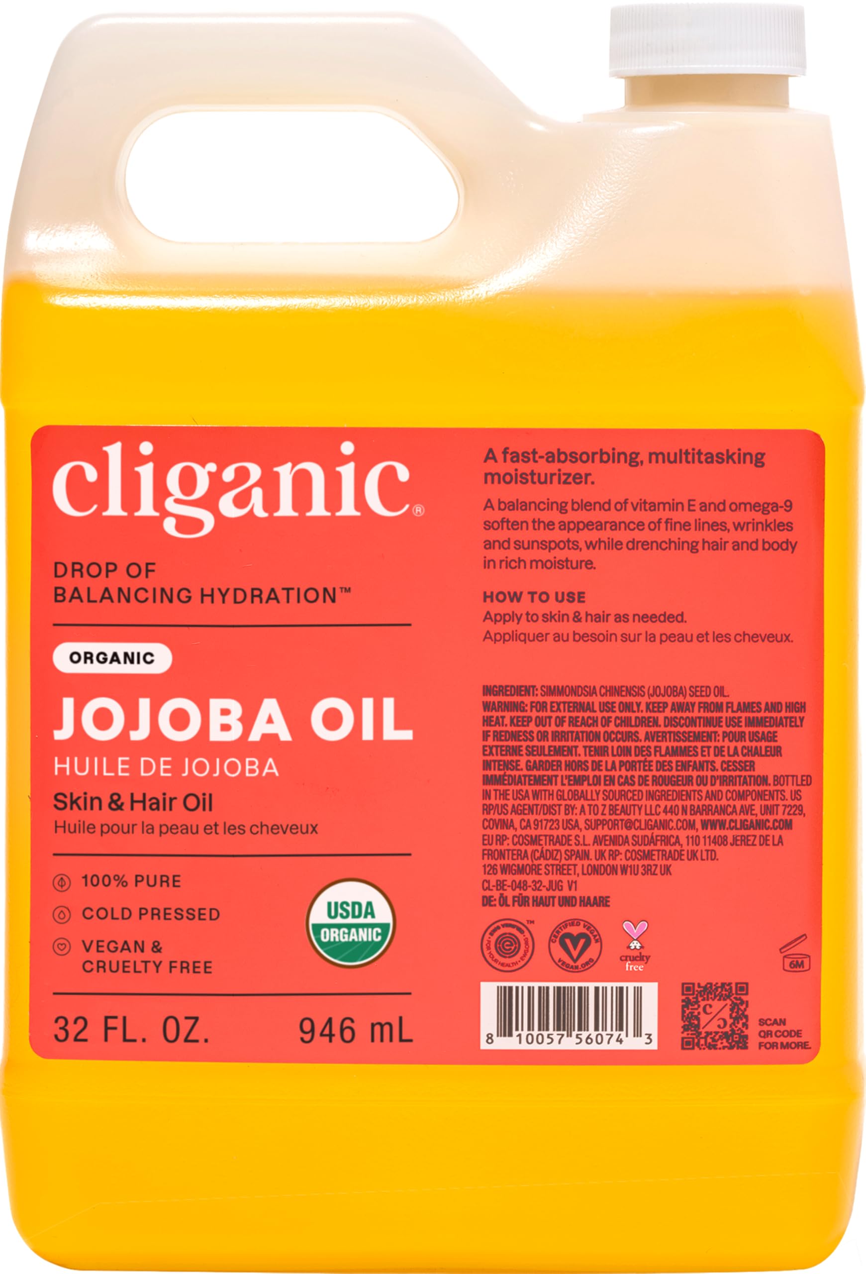 Cliganic Organic Jojoba Oil Bulk 32oz, 100% Pure, Natural Cold Pressed Unrefined Hexane Free Oil for Hair & Face