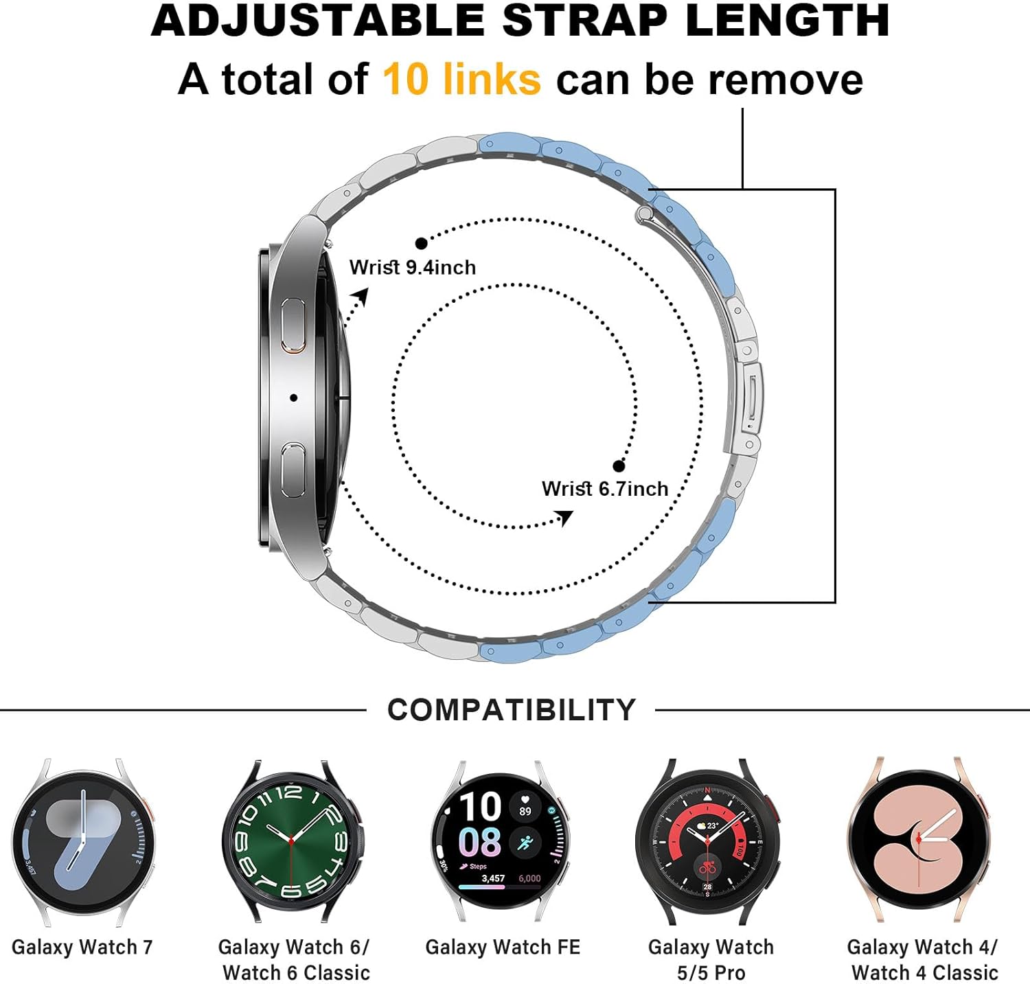 HITZEE Stainless Steel No Gap Bands Compatible with Samsung Galaxy Watch 7/6/5/4/FE Band 40/44mm/Watch 6 Classic 43/47mm/Watch 5 Pro, Samsung Watch Metal Band Strap Designed for Men/Women, Silver Gold - Image 5