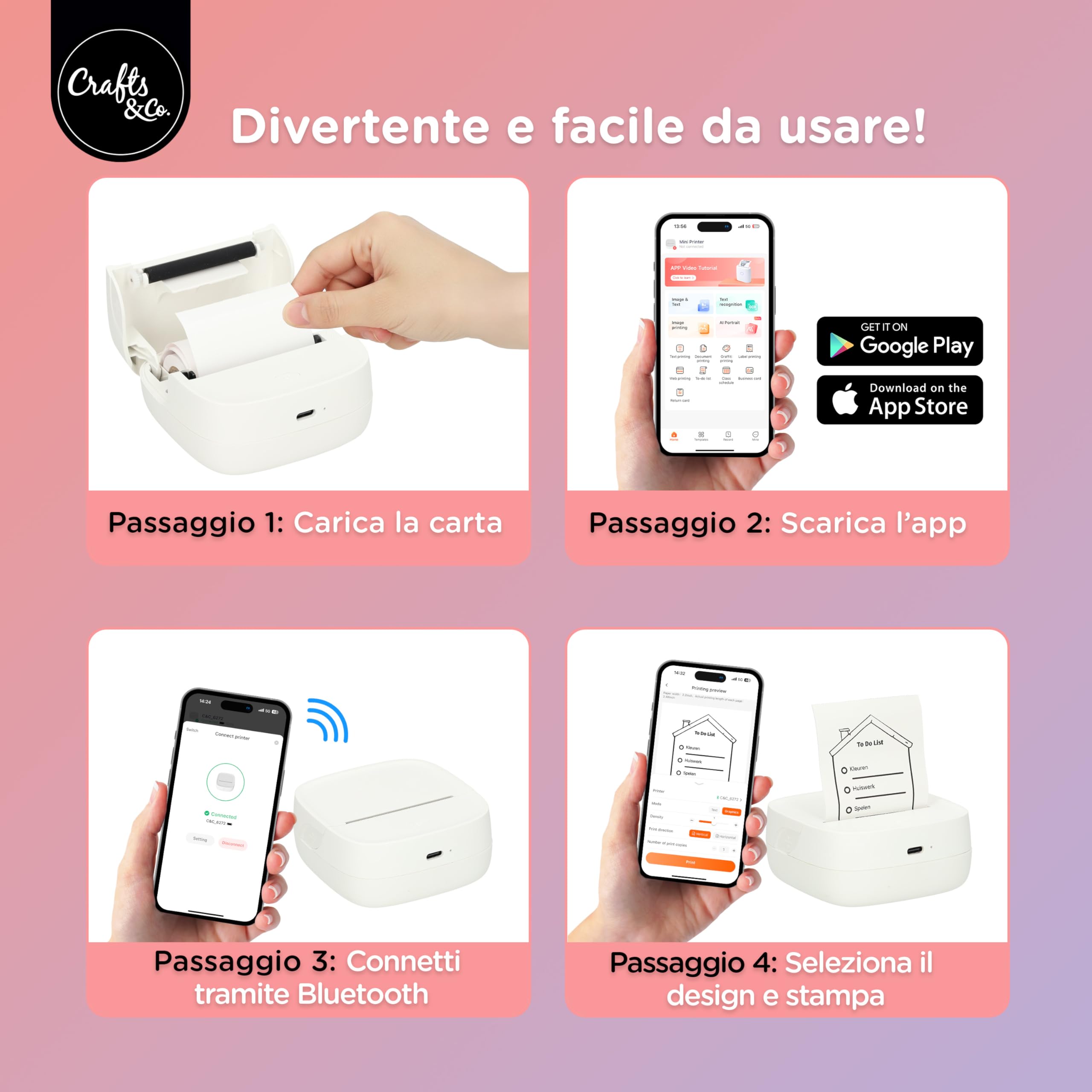 Crafts&Co Mini stampante tascabile | stampante portatile Bluetooth per smartphone adesivi e appunti, stampante termica senza inchiostro, dimensioni 8 x 8 x 3 cm, colore bianco