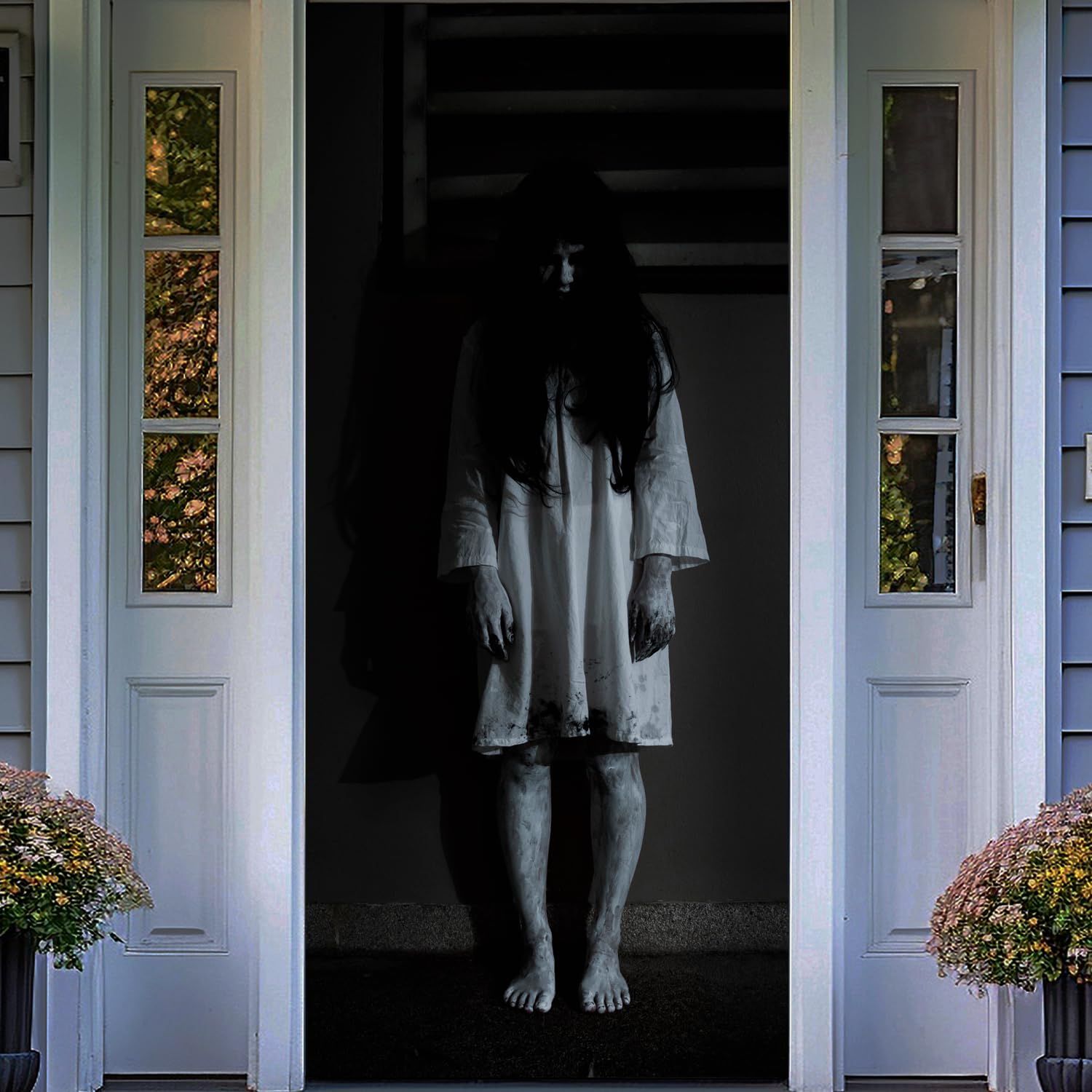 Halloween Door Backdrop Banner Ghost Girl Creepy Devil Go Crazy Terror Theme Scary Halloween Party Decoration Supplies for Women Men 80x35 Inch