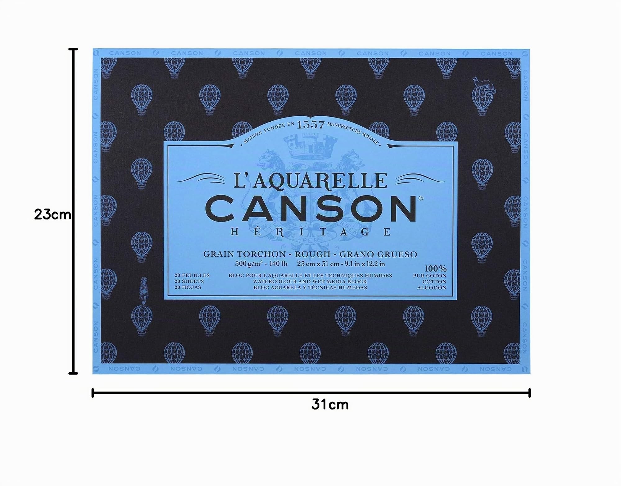 Canson Héritage Aquarellblock, 23 x 31 cm, 20 Blatt, 300 g, 4-seitig, geklebt, Weiß