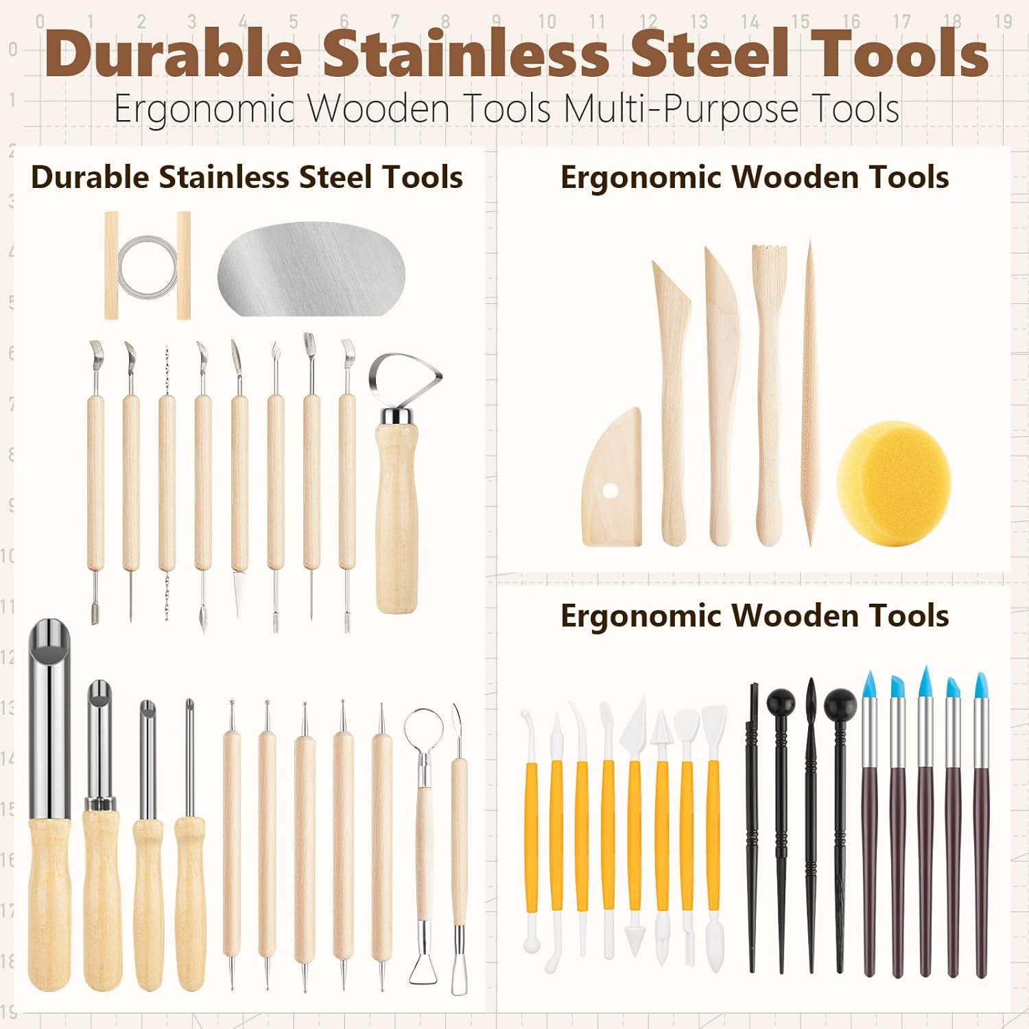 UUSYCUN 52PCS Pottery Tools for Sculpting, Ceramics Clay Tools for Pottery Kiln, Pottery Wheel, Trimming, Carving, Modeling, Beginners, Polymer Clay, Air Dry Clay, Pros, Adults, Crafting Supplies