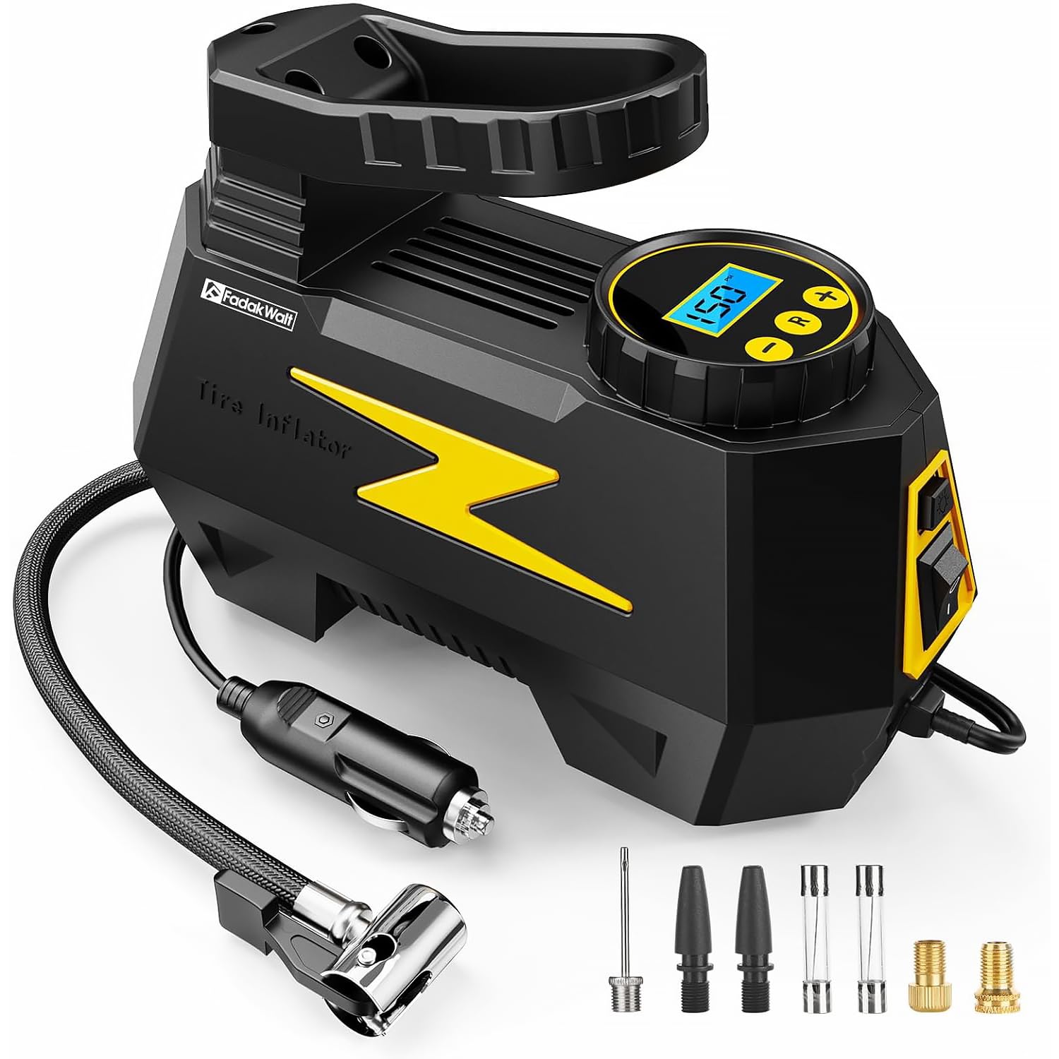 FADAKWALT Inflador de Neumáticos Compresor de Aire Portátil, Bomba de Aire para Coche 12 V con Apagado Automático, Manómetro Digital 10,3 bar/150 PSI, Luz LED, Boquilla Metálica para Coche, Amarillo