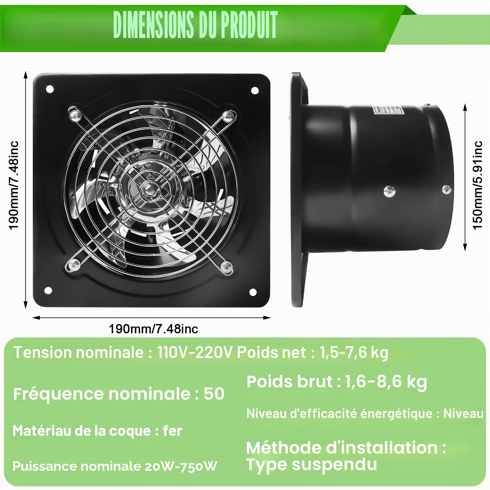 Aicharynic Ventilateur d'extraction d'air 150 mm 525 m³/h avec clapet de retour - Silencieux - En métal - 38 W - Prise européenne - Pour cuisine, salle de bain, garage, sous-sol - Noir