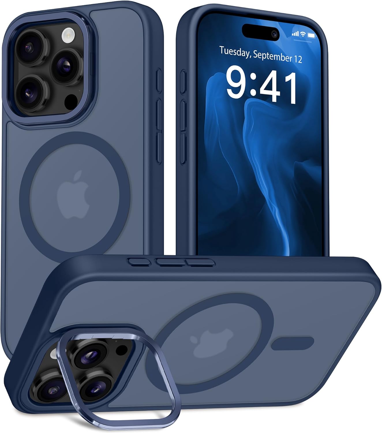 GolbinBox for iPhone 14 Pro Max Case, Compatible with Magsafe, Built-in Invisible Stand,Military-Grade Protection,Anti-Scratch Translucent Matte Hard Back Shockproof Protective Phone Case,Navy Blue