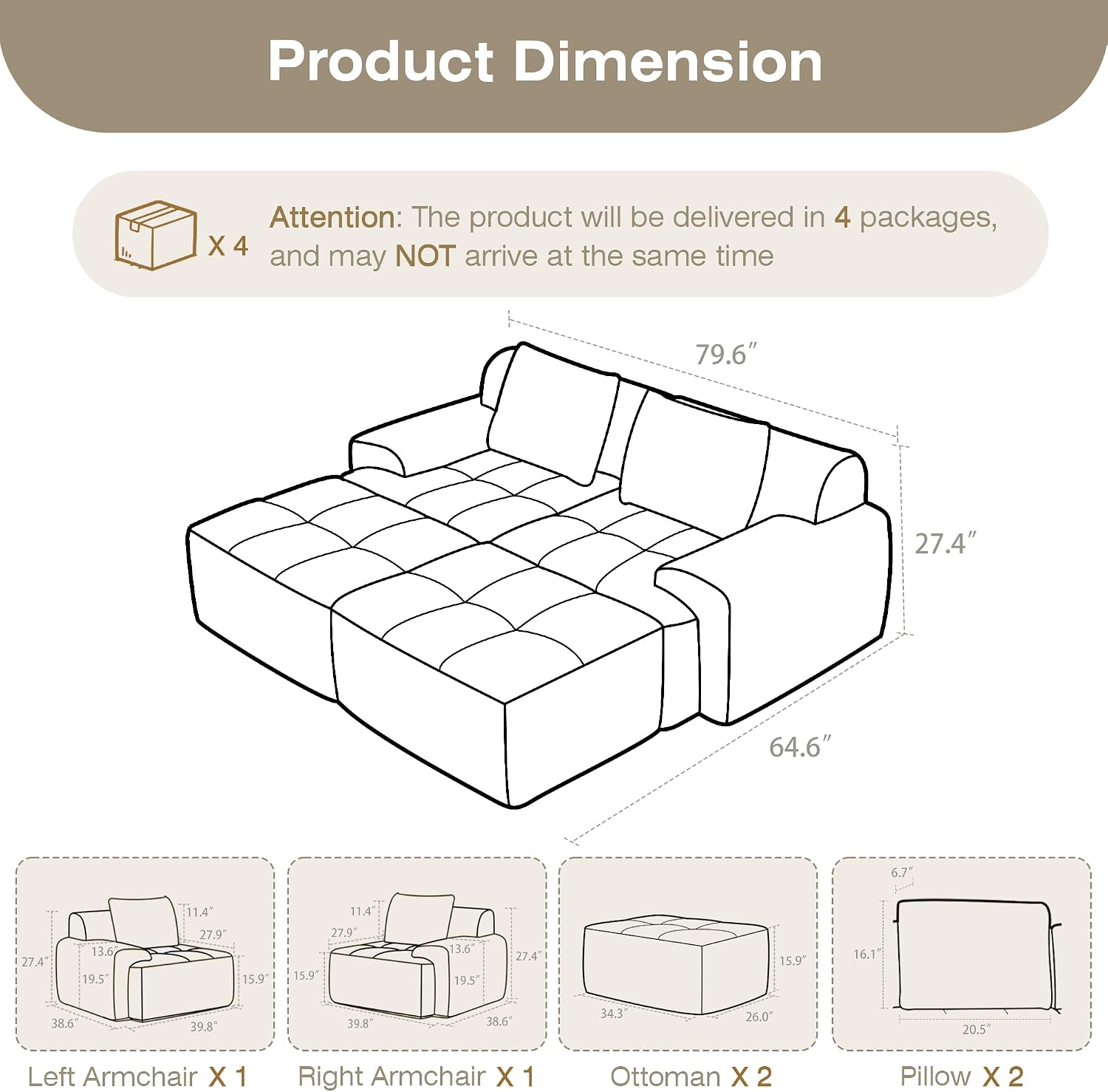 Boneless Couches for Living Room, Corduroy Couch, Modular Sectional Sofa, Big Comfy Couch, Modular Cloud Sofa with Deep Seat, Sofa Bed (White, 4 Pieces-Bedshape)