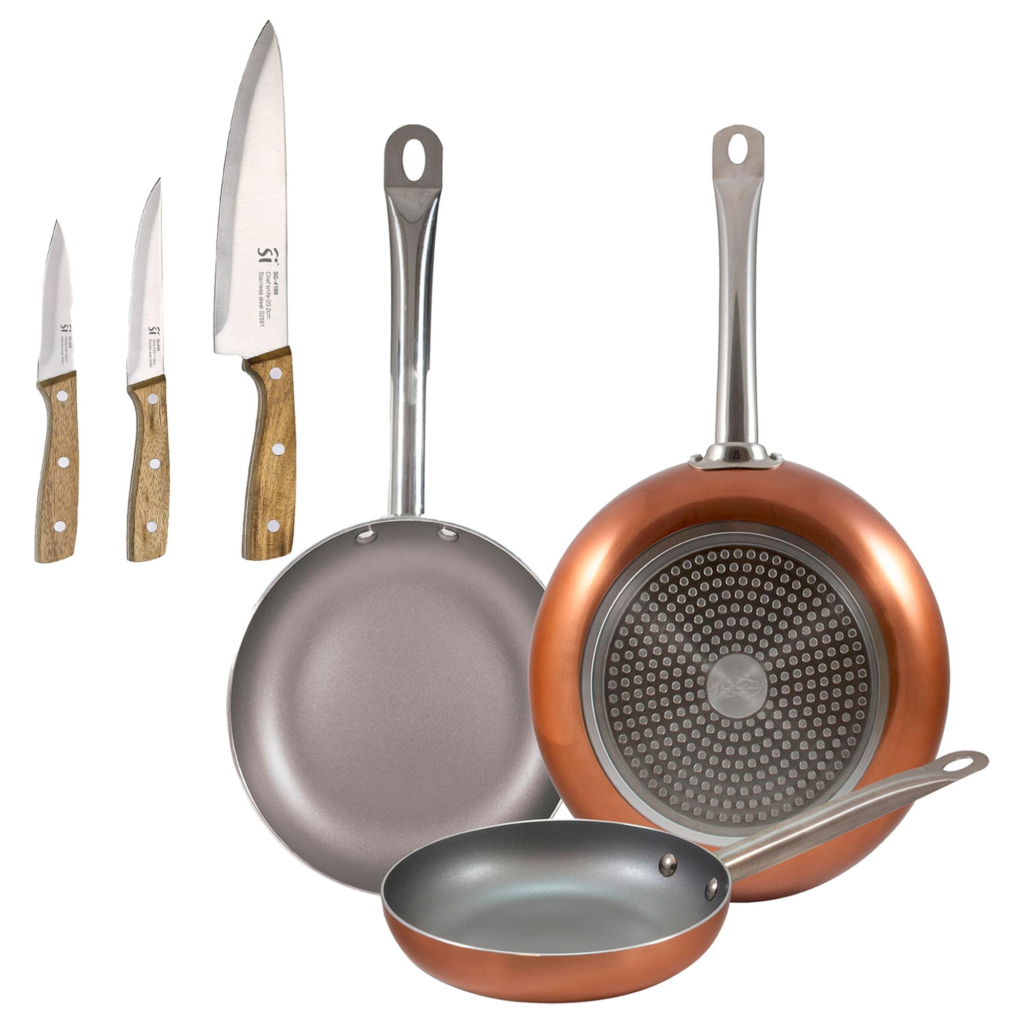 San Ignacio 3-teiliges Pfannenset (18,22,26 cm) aus gepresstem Aluminium, induktionsgeeignet + 3-teiliges Messerset aus Edelstahl für die Küche