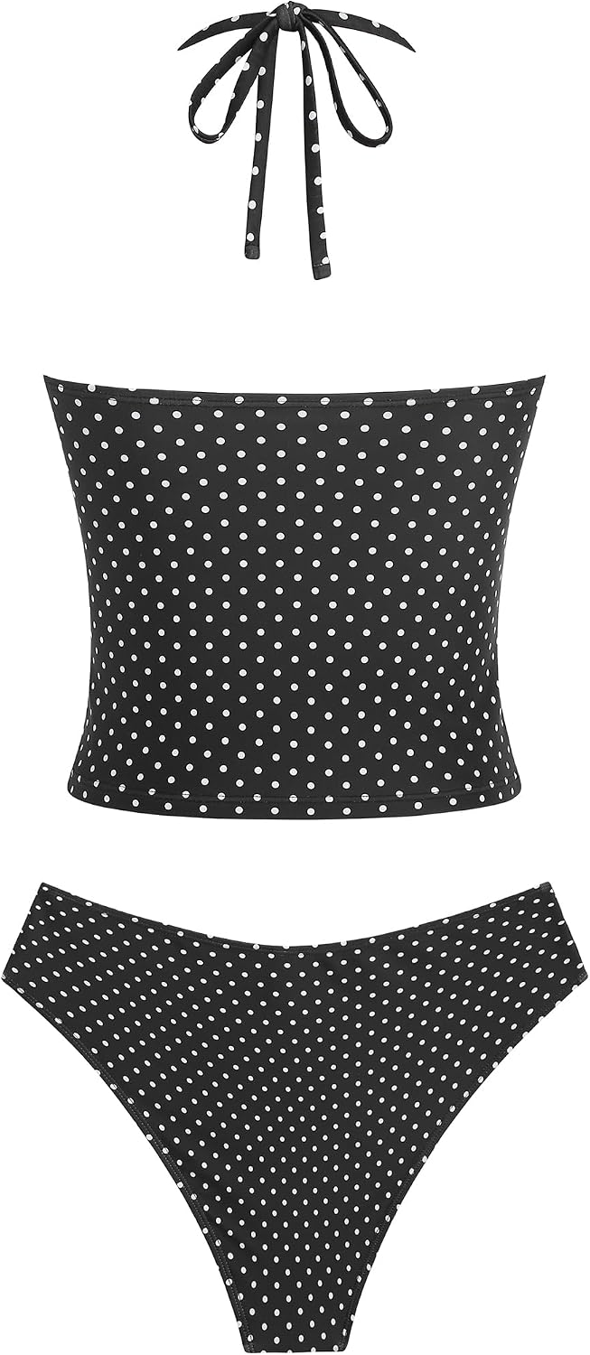 ZAFUL Women's Floral Tankini Swimsuits Halter Neck Tummy Control Polka Dot Tankini Set Two Piece Bathing Suit