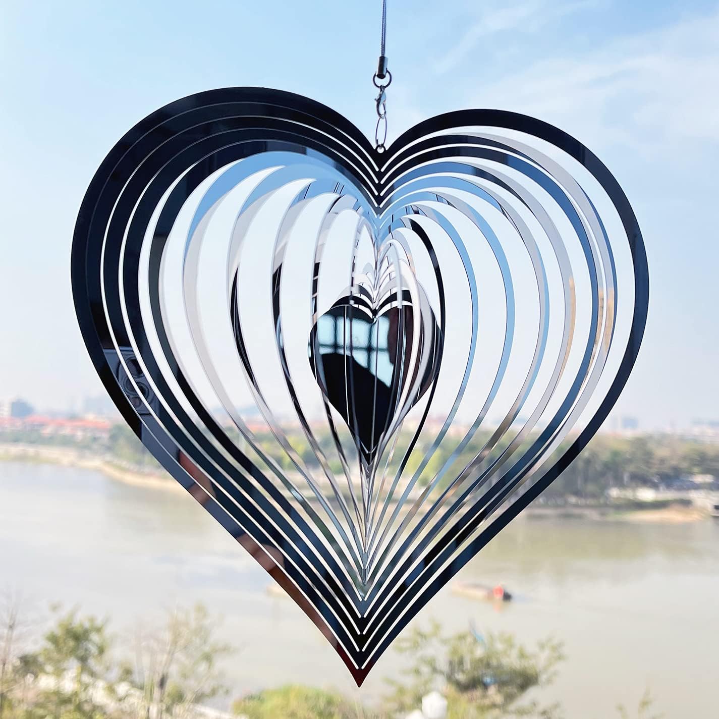 3D Wind Spinners, Stainless Steel Wind Chime Sculpture Home Decoration Silver Metal Crafts Mirror Ornaments Heart Pattern 8 Inch