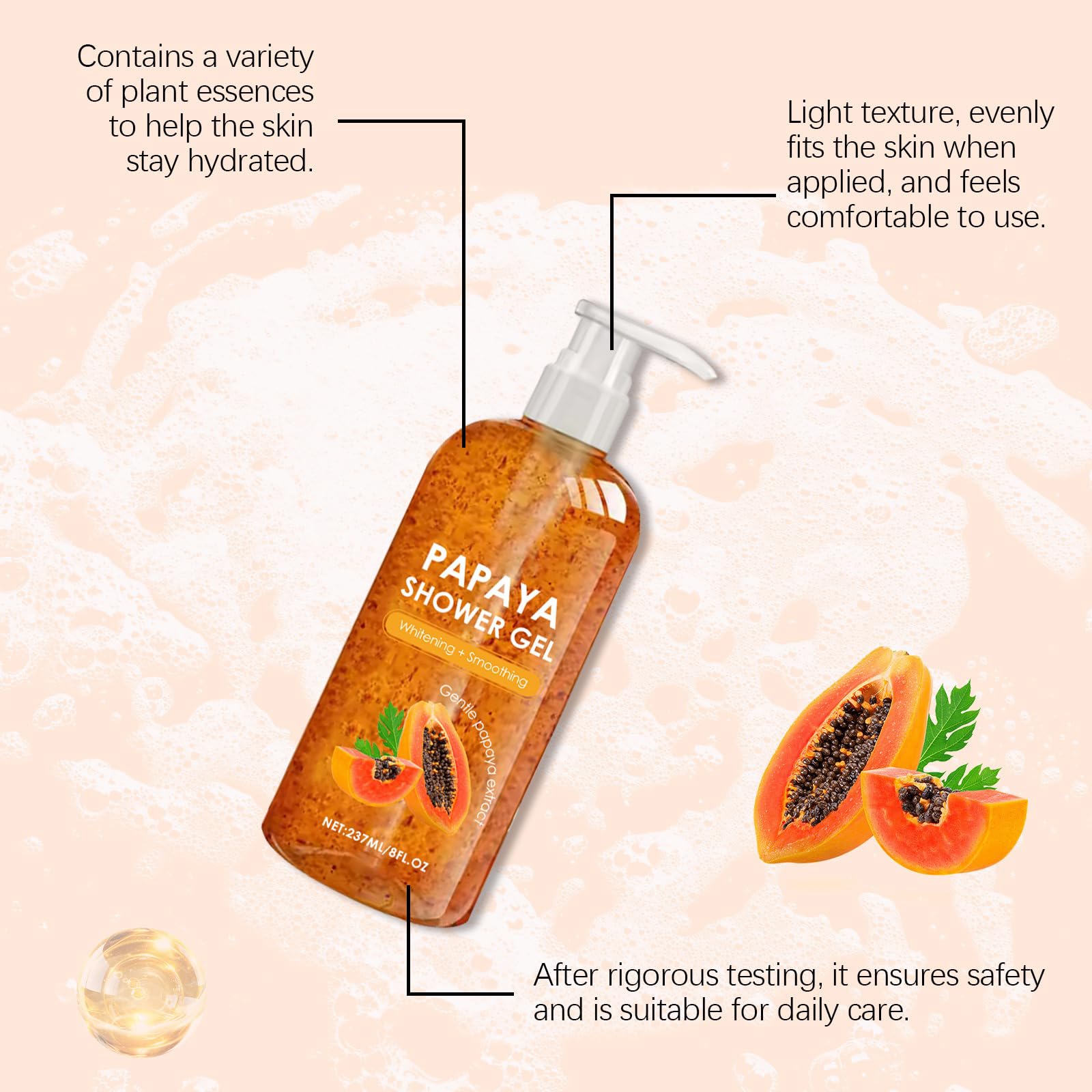 Papaya żel pod prysznic, peelingujący papaja, wygładzający, peelingujący, pielęgnujący i nawilżający, głęboko oczyszczający i rozjaśniający żel pod prysznic dla mężczyzn i kobiet, 237 ml (3)