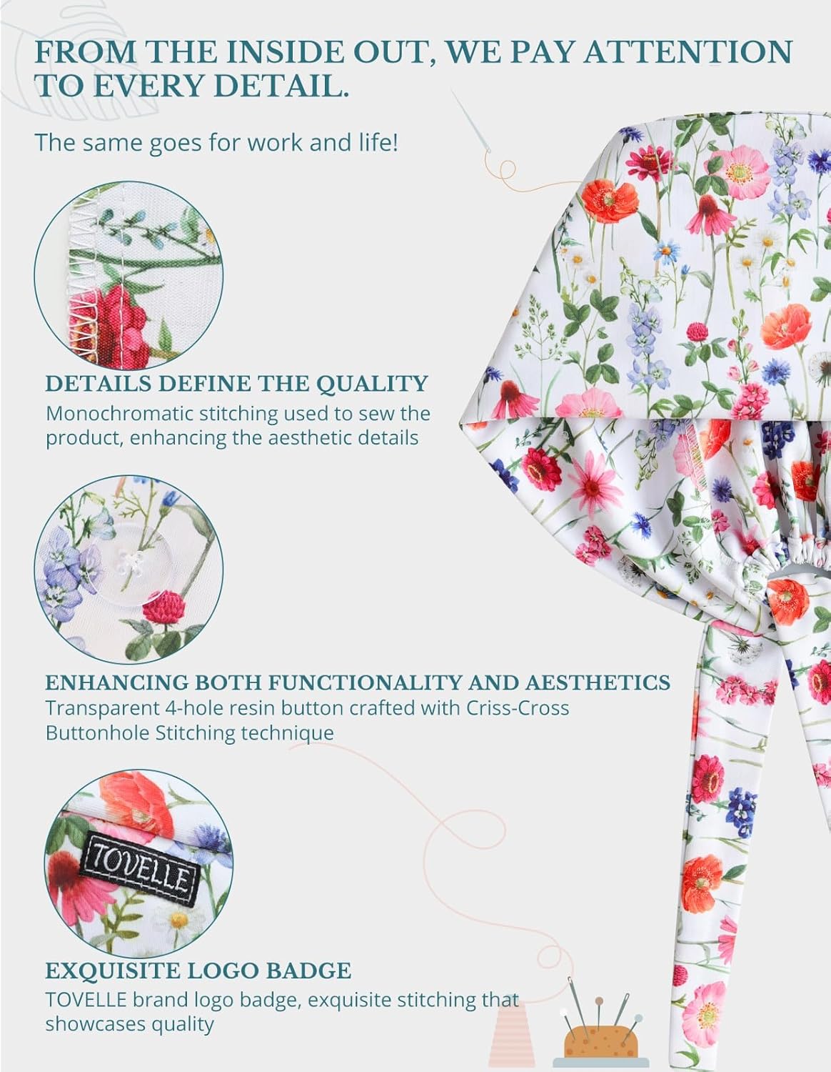 Scrub Caps Women, Double-Sided Printed Adjustable Women's Surgical Cap with Buttons, Breathable Design for Nurses and Doctors - Image 2