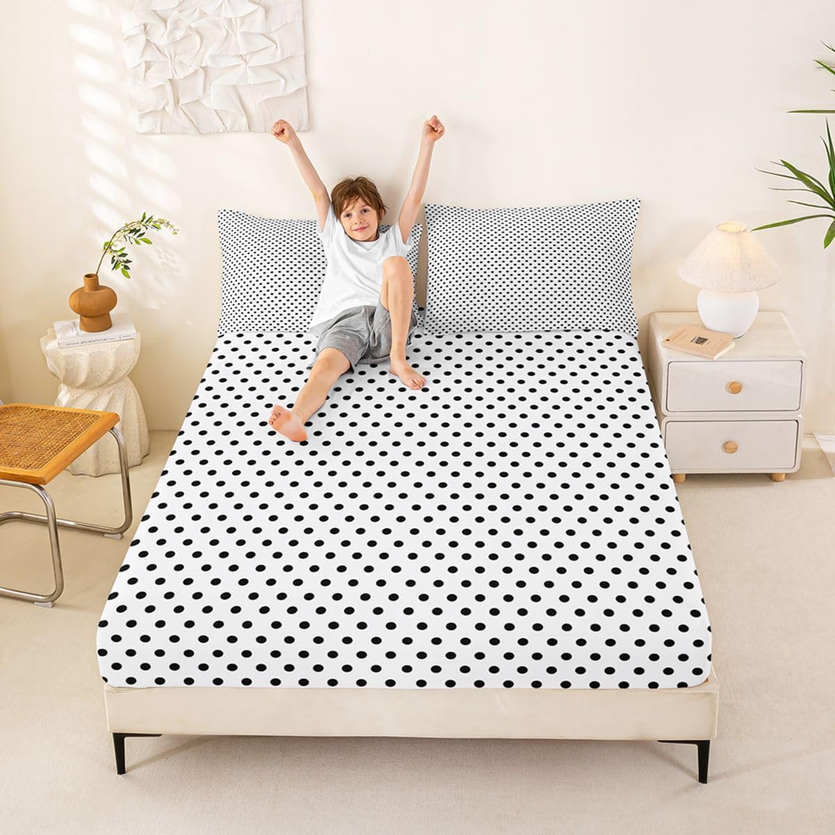Black White Polkadot Fitted Sheet Twin Size (No Flat),Boho Dots Bedding Sets 2Pcs,Kids Girls Boys Room Decor,Little Polka Dots Bed Sheets Ultra Soft Deep Pocket Sheet,1 Pillowcase