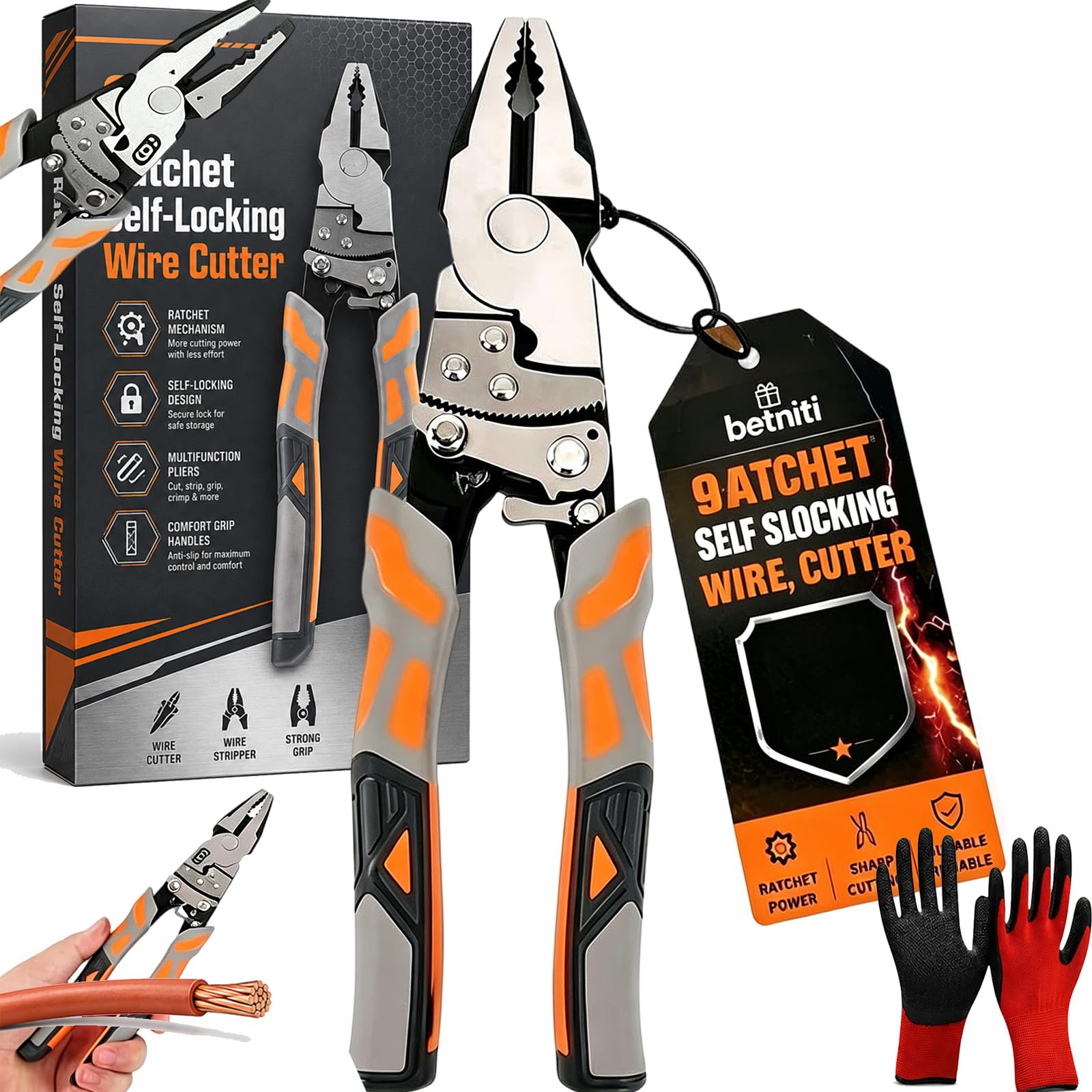 9" Ratchet Self-Locking Wire Cutter, Ratchet Cable Wire Cutter Pliers, 9 Inch Self Locking Electrician Pliers, Non-Slip Handle, For Electrical Wiring, Cable Cutting, Industrial Maintenance，1Pc