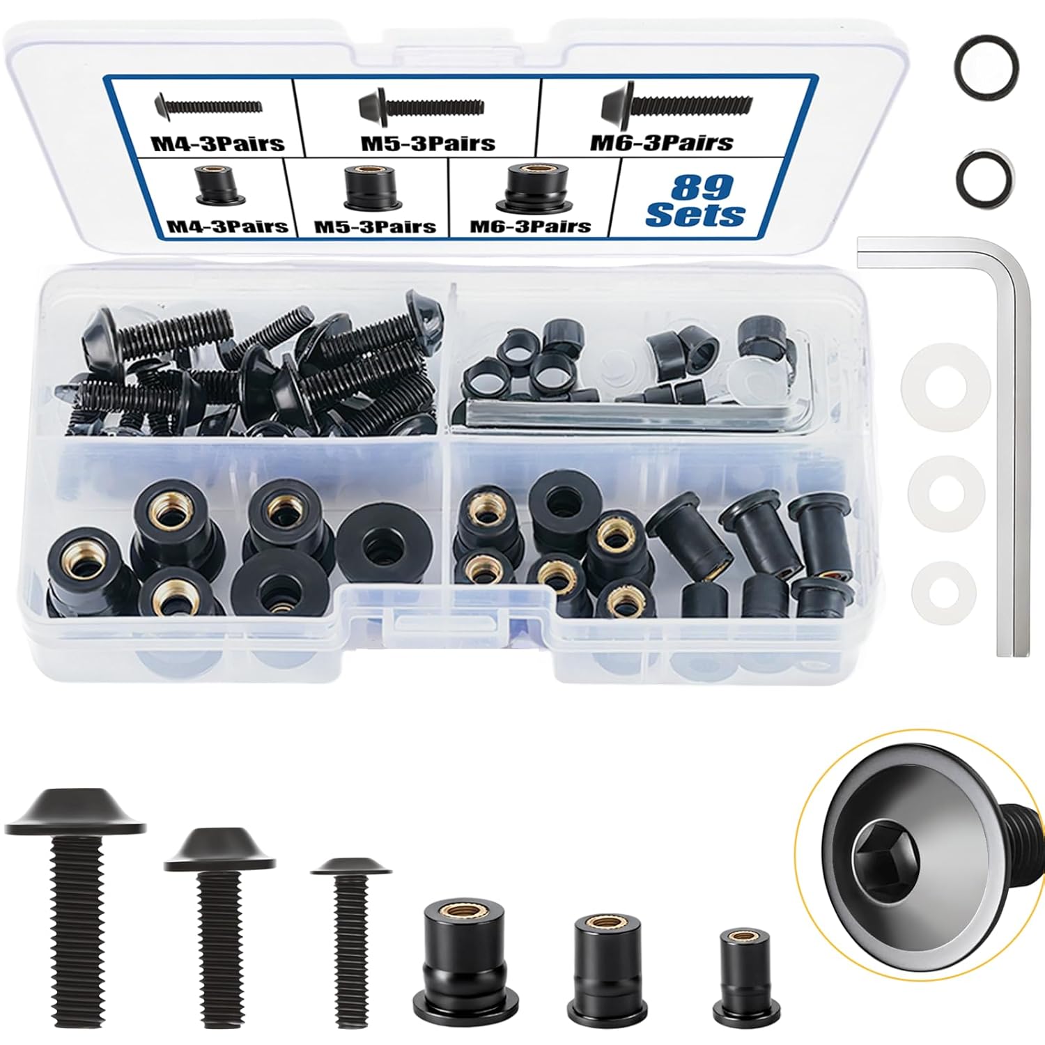 261Pcs M4 M5 M6 Neoprene Well Nuts Kit 6063-T6 Aluminium Screws TPR Rubber Expansion Nuts Brass Copper Bolts Fit for Marine, Motorcycle, Kayak & Windscreen Accessories 54Pairs