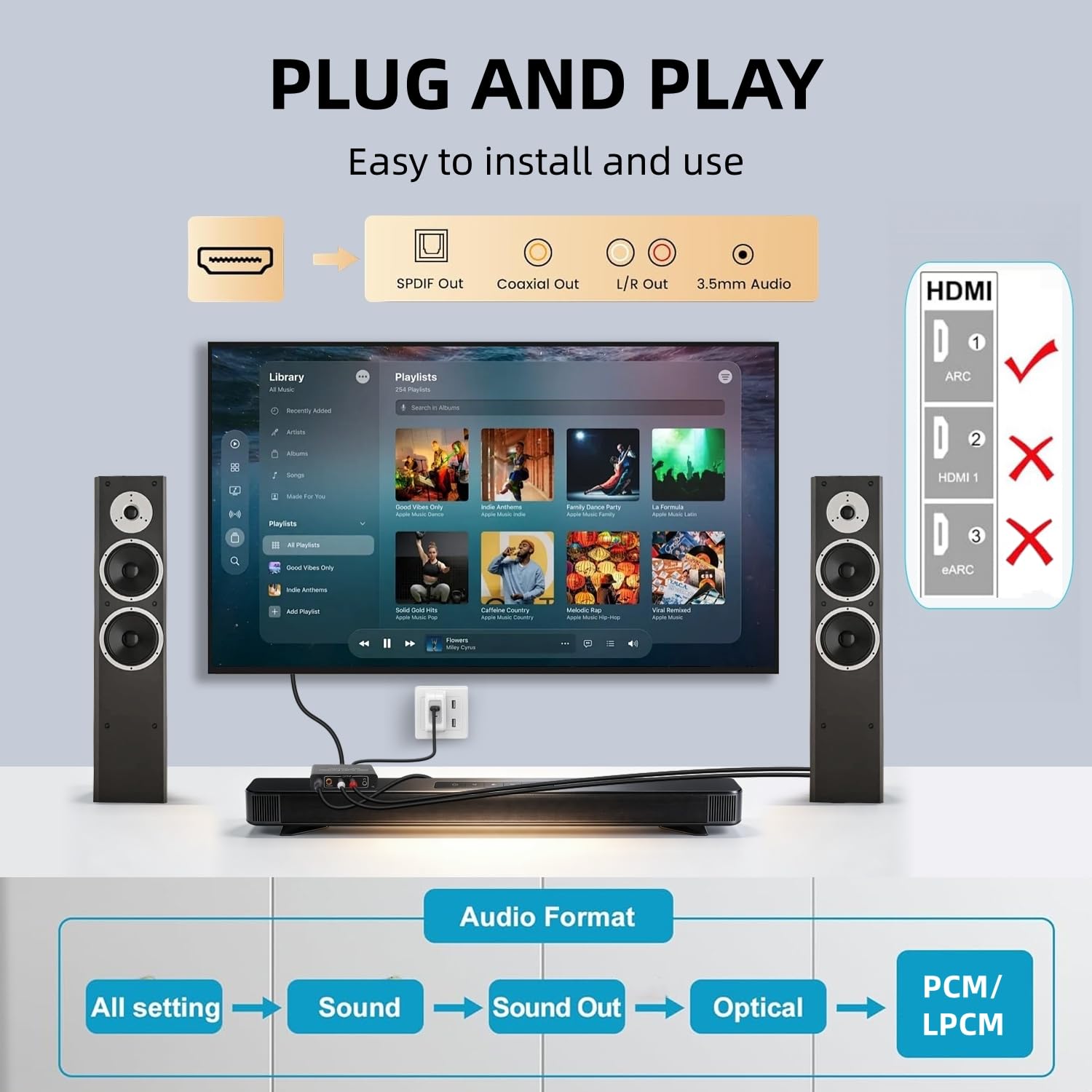 HDMI ARC Audio Extractor, XinYaa 192KHz ARC Audio Extractor DAC Converter, Digital to Analog Audio Converter, Optical/SPDIF Coaxial HDMI ARC to Optical/SPDIF Coaxial Stereo L/R 3.5mm Jack for TV-10CM