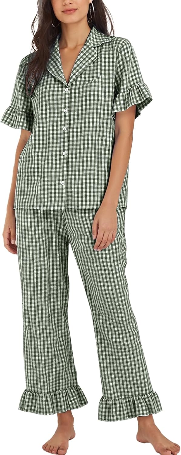 Flygo Womens Plaid Pajamas Sets 2 Piece Cotton Pj Set Ruffled Sleeve Button Down Shirt Gingham Pants Lounge Sets