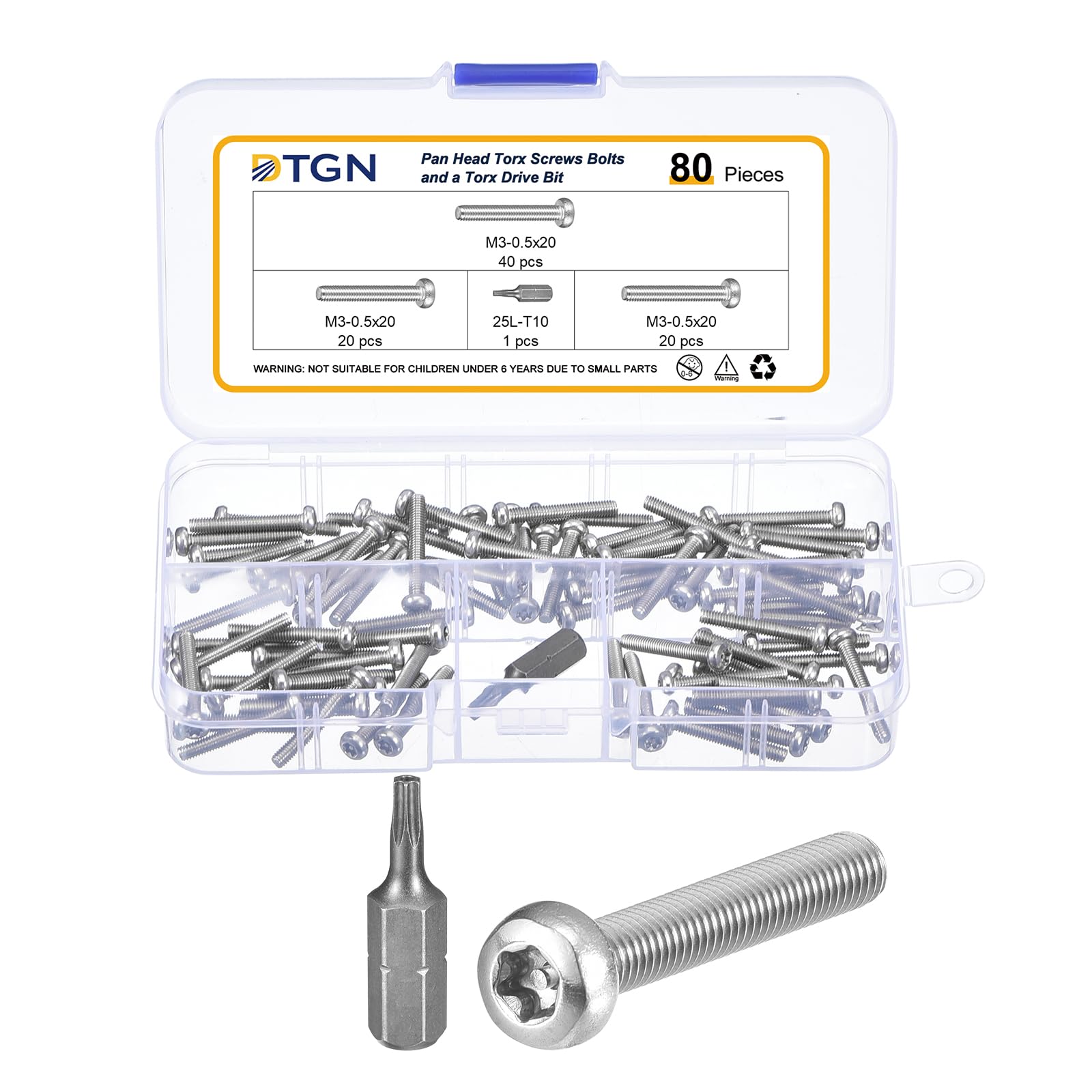 DTGN M3x20mm Pan Head Torx Security Screws, 80Pack, Good for Machinery