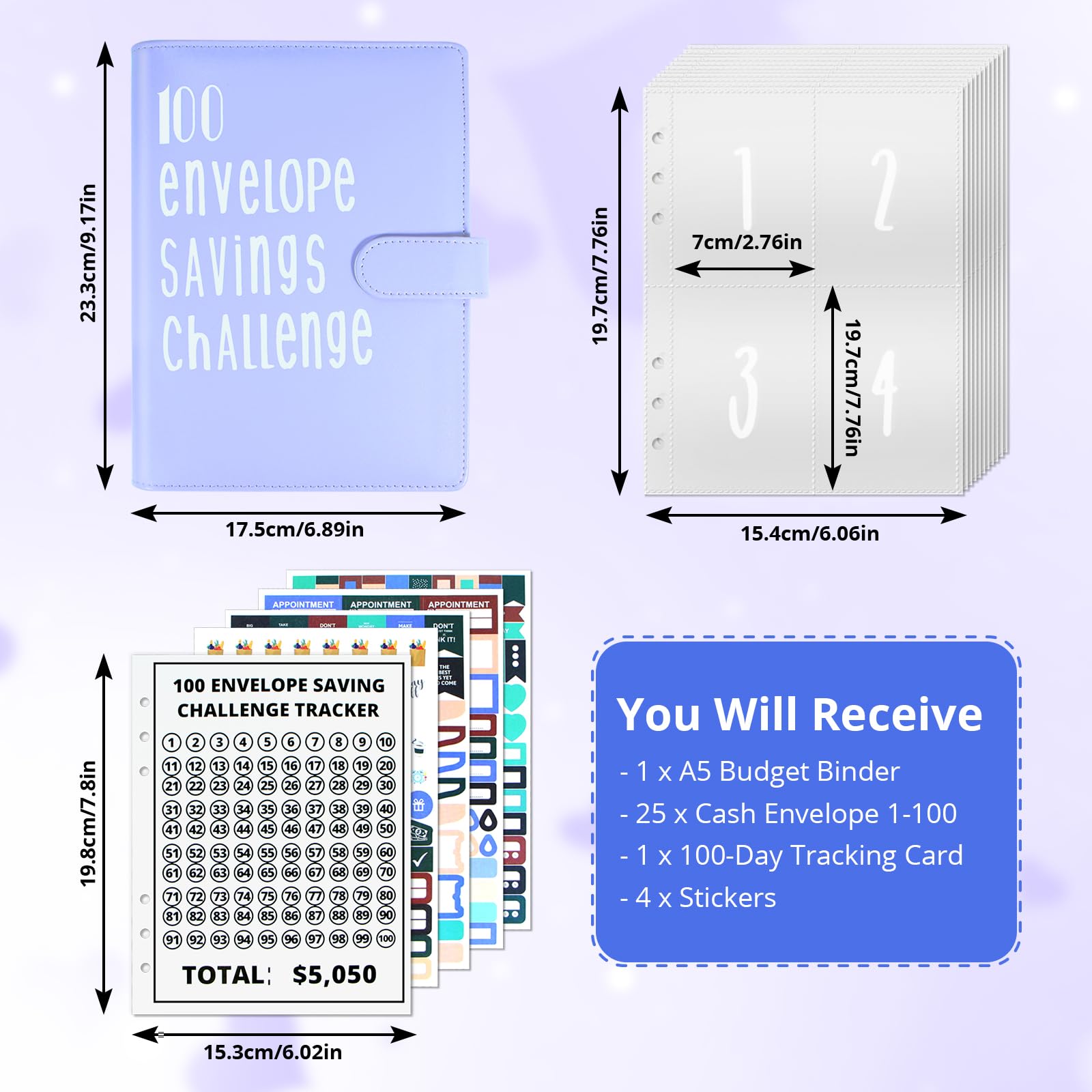 100 Envelope Challenge Binder Budget Planner Kit A5 Salvadanaio Sfida Risparmia denaro con scomparti per banconote e adesivi