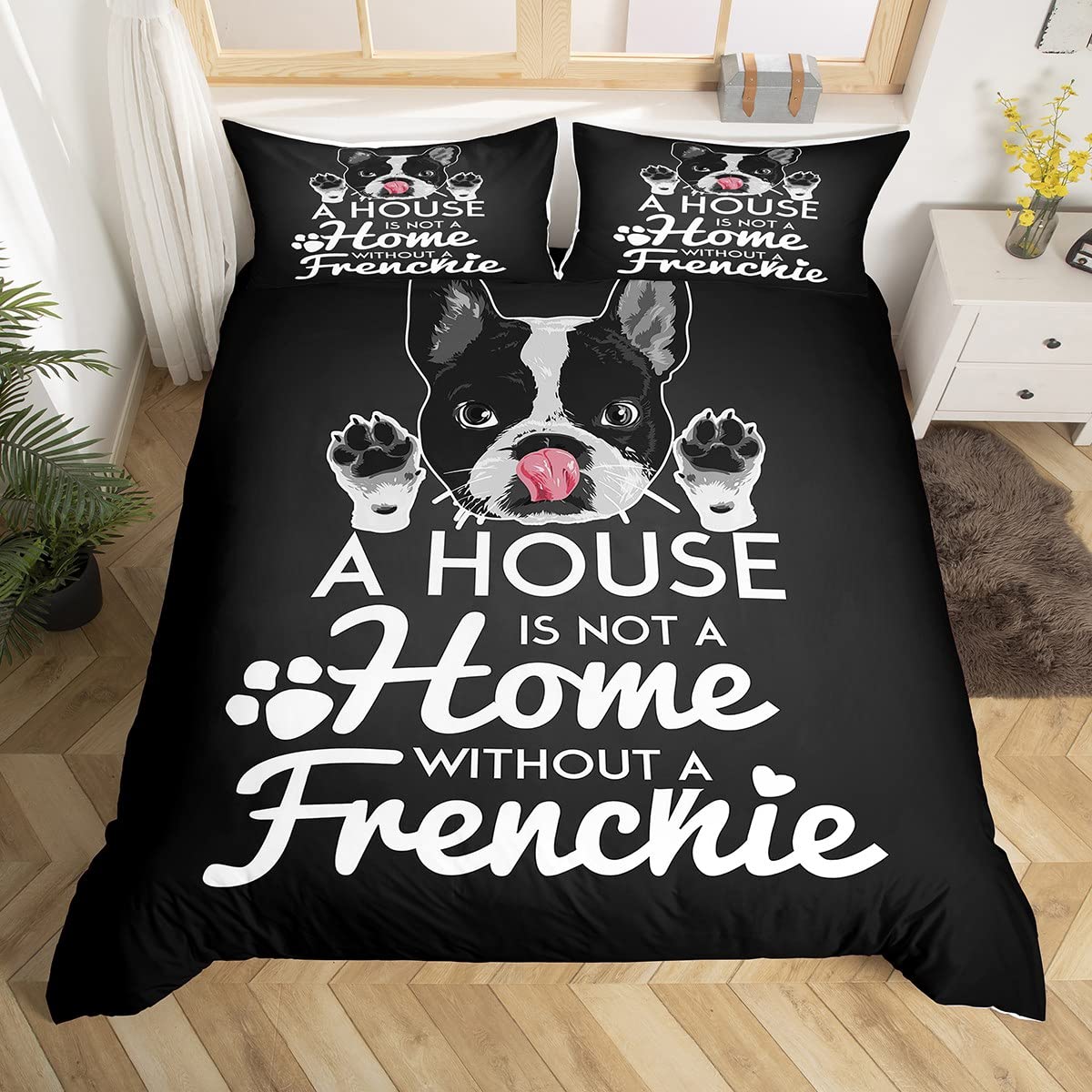 feelingyou Cute Frenchie Puppy Bedding Set King Size,Black White Bulldog Duvet Cover Set for Children Xmas Bedroom Present, Family Pet Animal Microfiber Comforter Cover with 2 Pillowcases, Soft