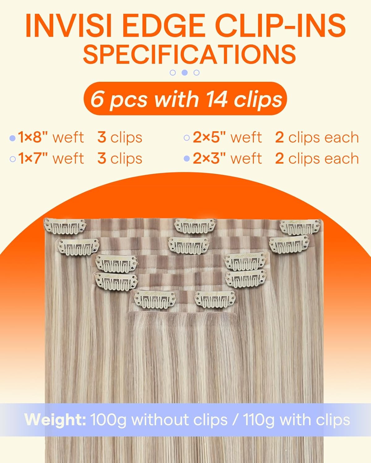 Full Shine Invisi Edge Seamless Hair Extensions Clip in Ash Blonde Highlighted Golden Blonde, Inject Human Hair Natural Look 16 Inch 120g 6Pcs