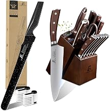 15 Pieces Kitchen Knife Set with Block, Brown+Bread Knife for Homemade Bread, Black