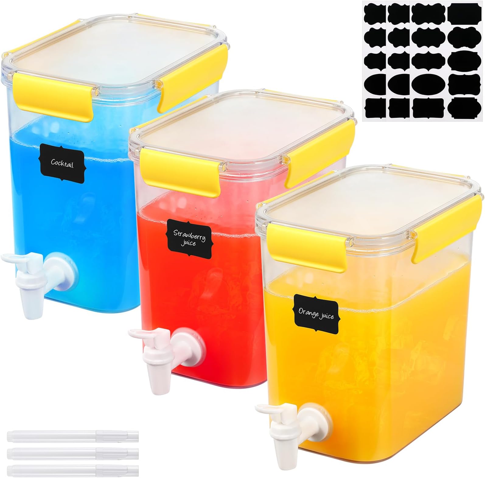 Mumufy 3 Set Plastic Drink Dispensers for Parties Beverage Dispenser for Fridge with Spigot Iced Juice Lemonade Container with Labels and Pens Summer Party Supplies(0.92 Gallon,Yellow)