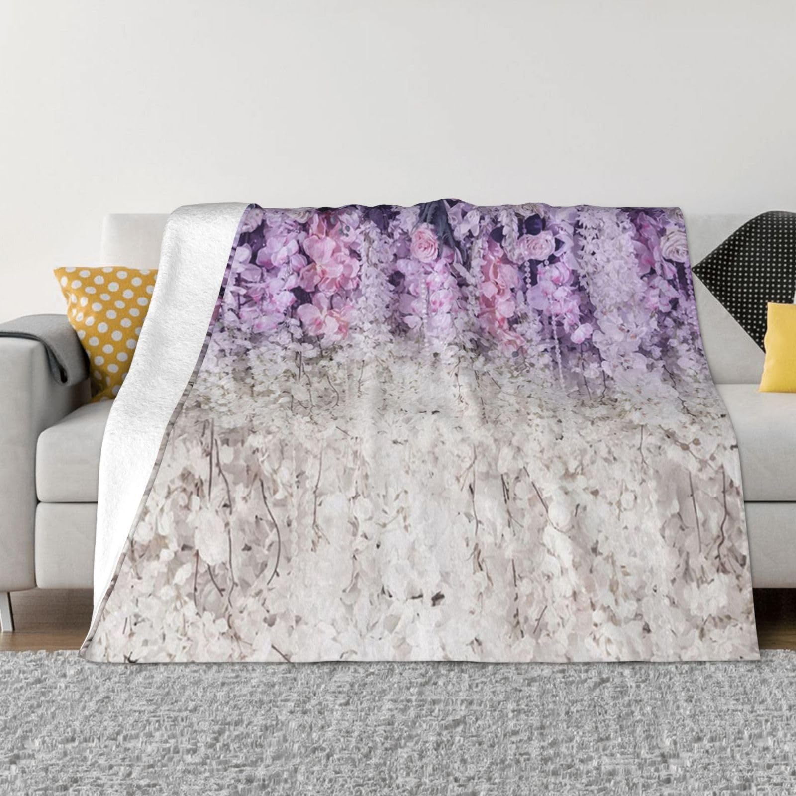 Couverture polaire en flanelle motif floral blanc et lavande 152x127 cm