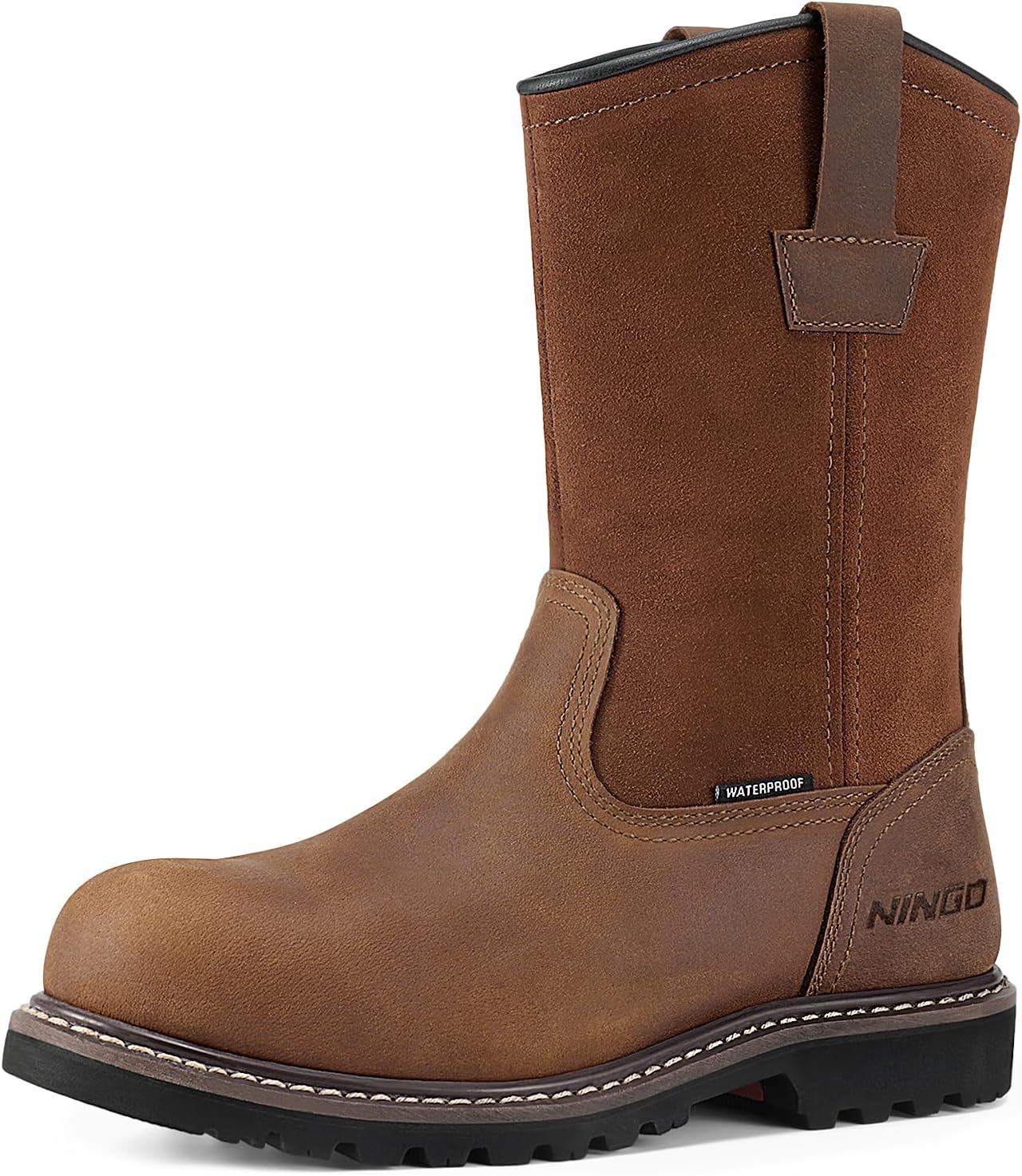 HISEA NINGO Steel Toe Work Boots for Men, Waterproof Slip on Wellington Boots with Full-grain Leather, Oil and Slip Resistant, Soft Toe Pull on Safety Boots for Men, for Construction Working Welding