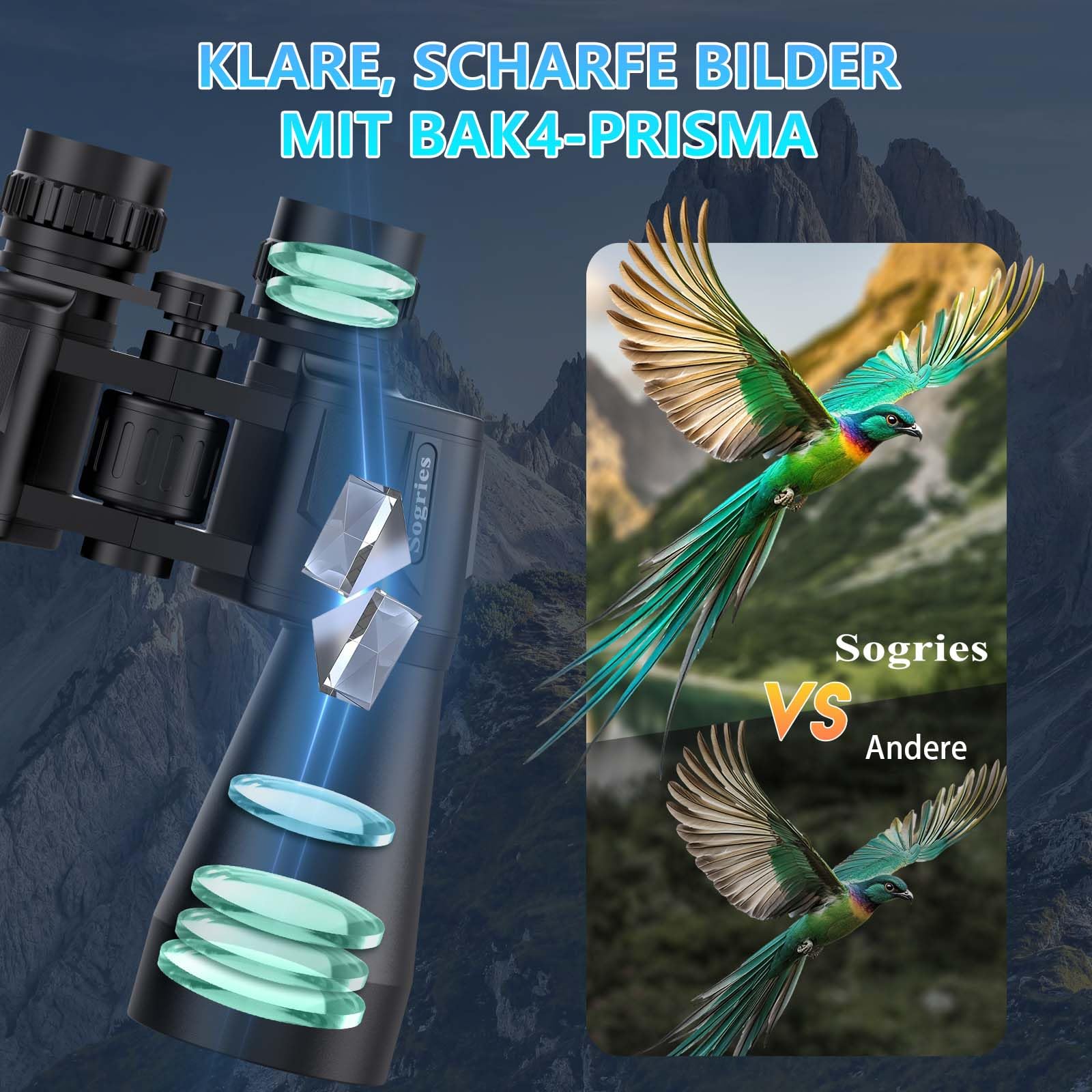 20 x 60 Fernglas für Erwachsene, leistungsstark, wasserdicht und beschlagsicher, kompaktes Fernglas für Vogelbeobachtung mit schlechten Lichtverhältnissen, Jagd, Reisen, inklusive Tragetasche