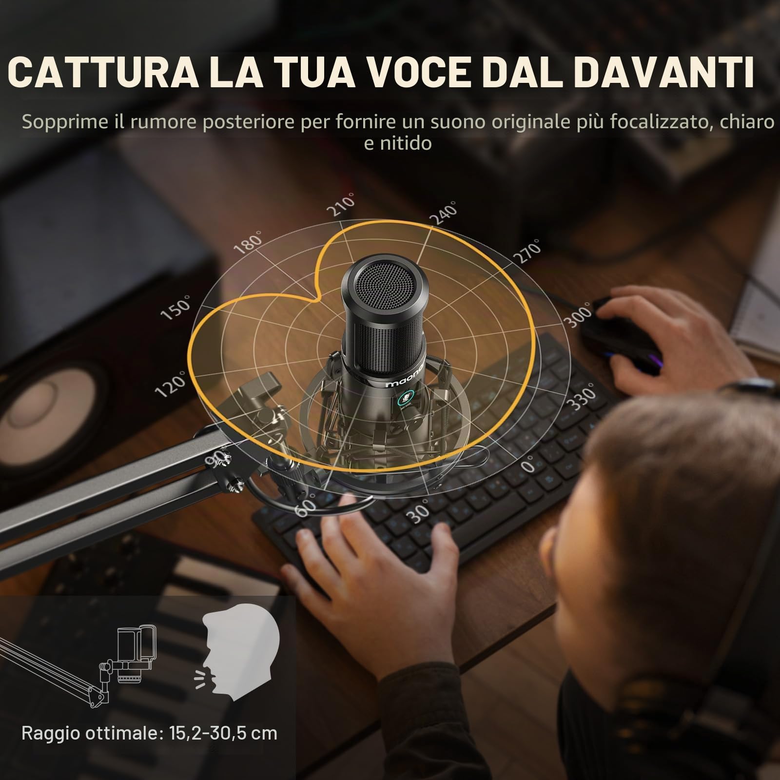 MAONO PM421 - Microfono a condensatore a condensatore con silenziatore monocomando, microfono USB 192KHZ/24BIT e manopola di guadagno microfono per trasmissione, registrazione, gioco, YouTube