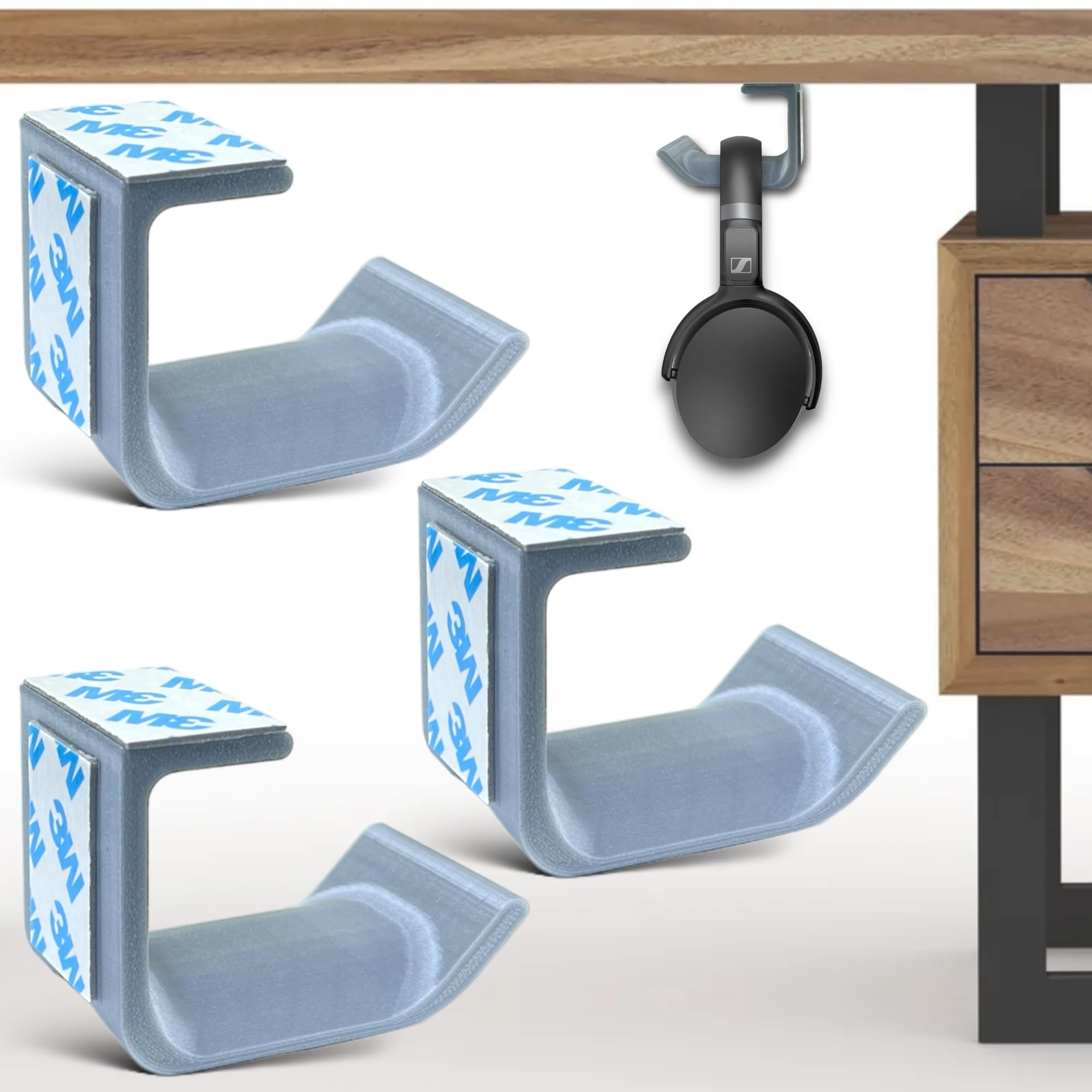 SRS Under Desk Table & Wall Mount (2 IN 1) Headphone Stand Holder Easy-To-Use | Modern | Compact | Study Design For All Professional | Corporate | Gaming Headsets Stick-ON Adhesive (Pack Of 3, Silver)-image-31