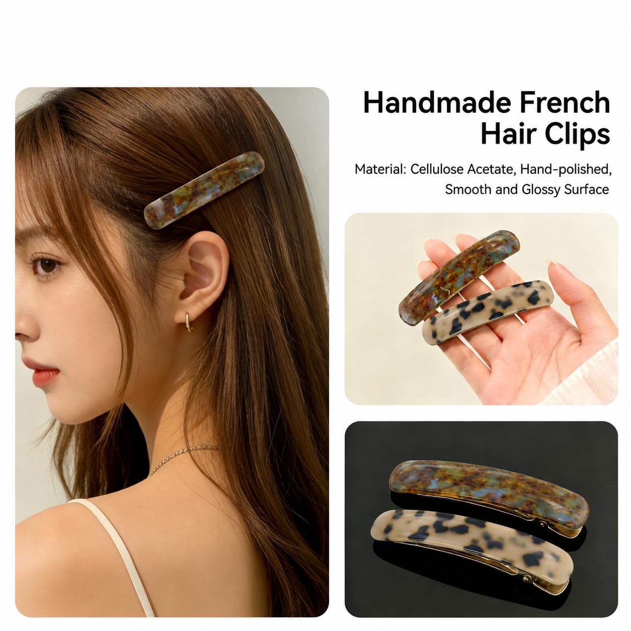 Oval Acetate Hair Barrettes, Barrettes for Thick Hair, French Hair Clips, 2-Pack Vintage Tortoise & Black Narrow Clips, No-Slip Strong Hold Metal Clasp