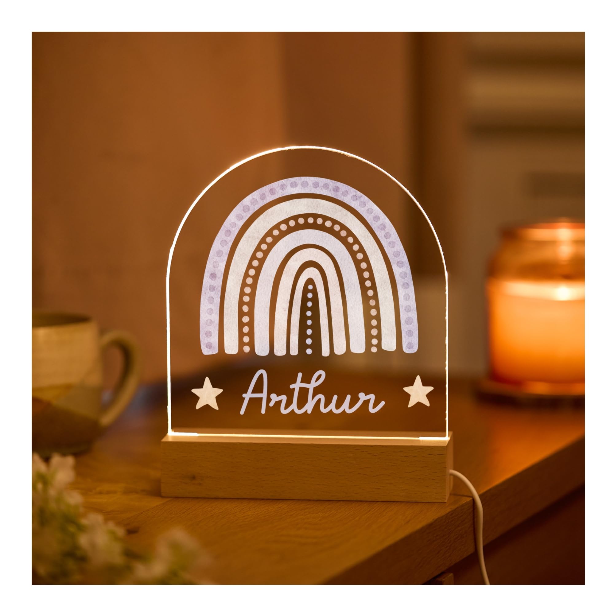 Pomchick Personalised Rainbow LED Night Light Custom Name Gift for Kids Christmas Birthday Christening Baptism Nursery Bedroom Baby Room Nightlight