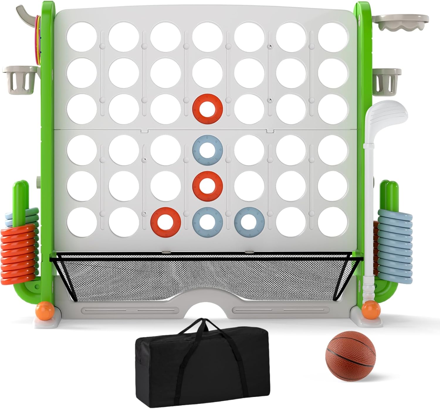 Giant Four in a Row, 4 to Score Jumbo Game with 42 Chess Rings, 3 Toss Rings, Basketball Hoop, Mini Golf, Carrying Bag, Outdoor Indoor Connect 4 Game for Kids Adults