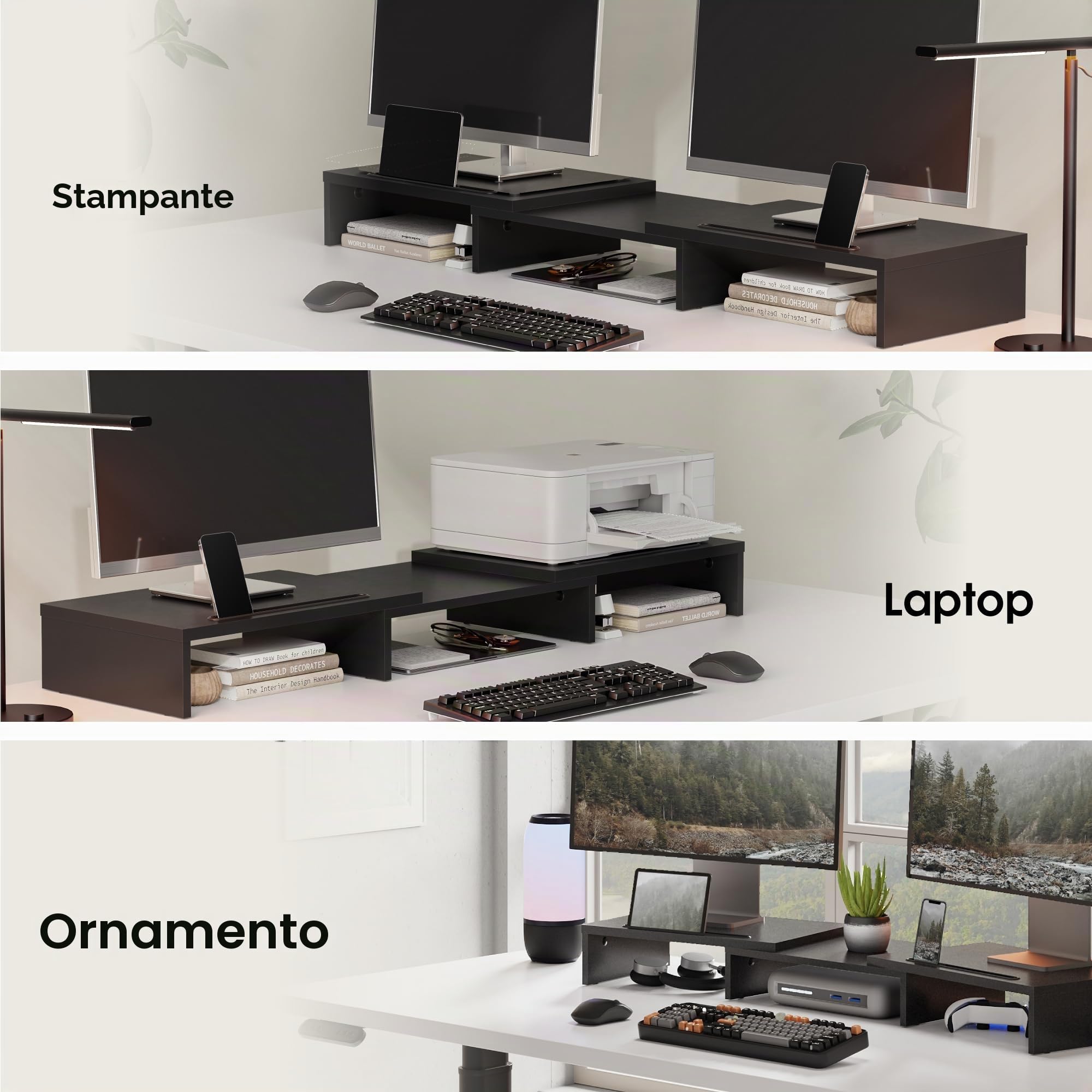 FITUEYES Supporto Monitor Supporto per Monitor in Legno con 2 Supporti per Telefoni, Lunghezza e Angoli Regolabili per 2 Monitor 79-111,2 x 27 x 10,5cm (Nero) DT111101WB