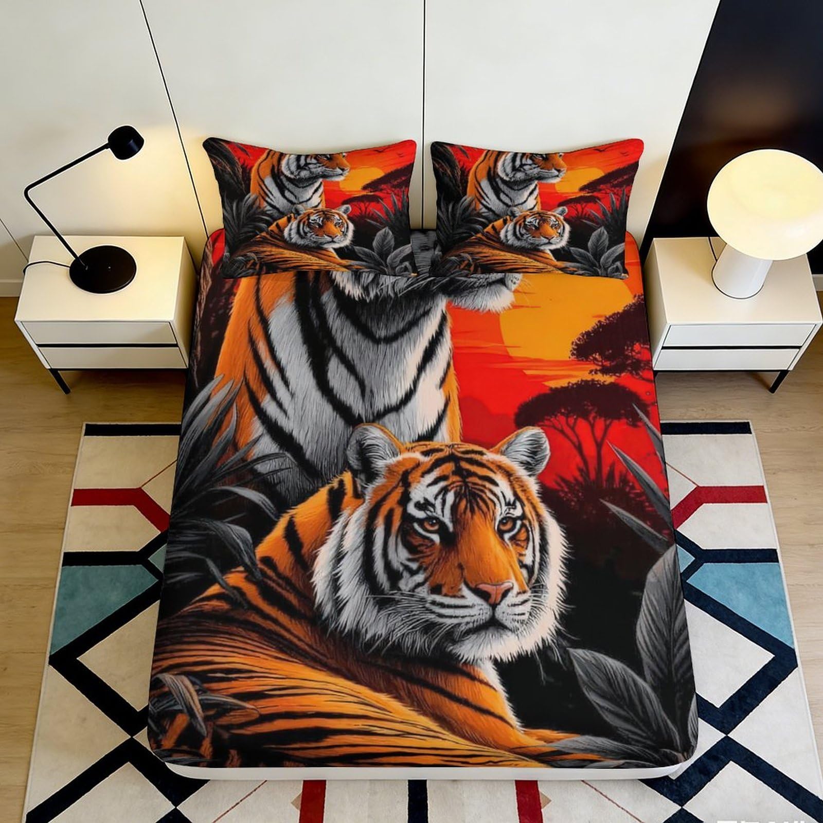 3D Printed Tiger Pattern Fitted Sheet Microfiber Soft Breathable Jungle Sunset Bed Cover for Bedroom Dormitory Guest Room Mattress Protection Decor 160x200x25cm