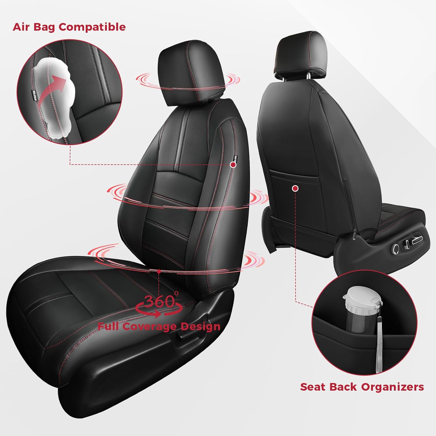 FREESOO Car Seat Covers 1:1 Custom for Honda Civic Sedan EX, Touring, LX-P, Sport 2016 2017 2018 2019 2020 2021,Leather Car Seats Cover Full Set - Rear Row 60/40 Split Bench - Black Red