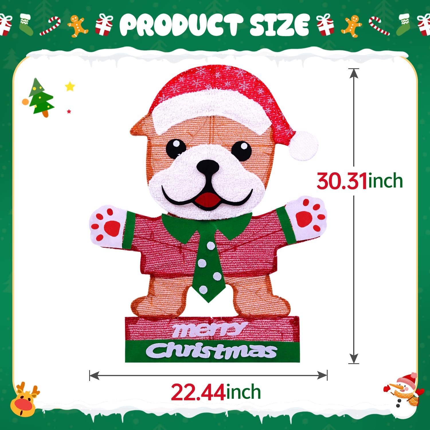 Domkom Lighted Bulldog Christmas Decoration, 30 Inch Pre-Lit Cute Dog with Christmas Hat 45 LED Warm Lights for Home Indoor Outdoor Yard Holiday Decor - Image 2