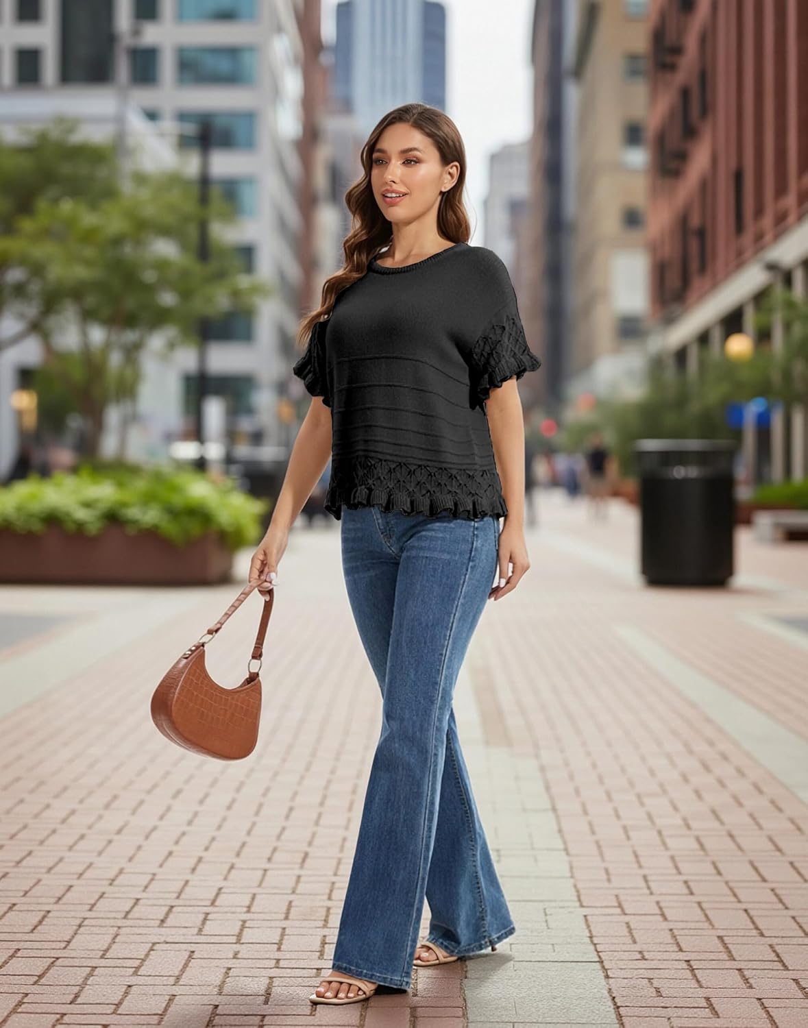 Womens Short Sleeve Crochet Sweater Ruffled Hem Round Neck Knit Pullover Casual Summer Fall Top - Image 4