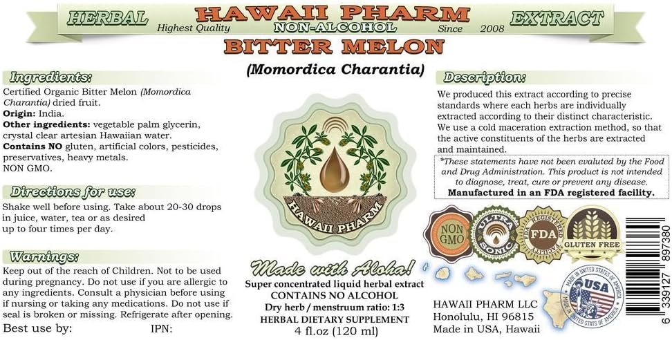 Hawaii Pharm Bitter Melon Alcohol-Free Liquid Extract, Bitter Melon (Momordica Charantia) Dried Fruit Glycerite Natural Herbal Supplement 32 oz Unfiltered