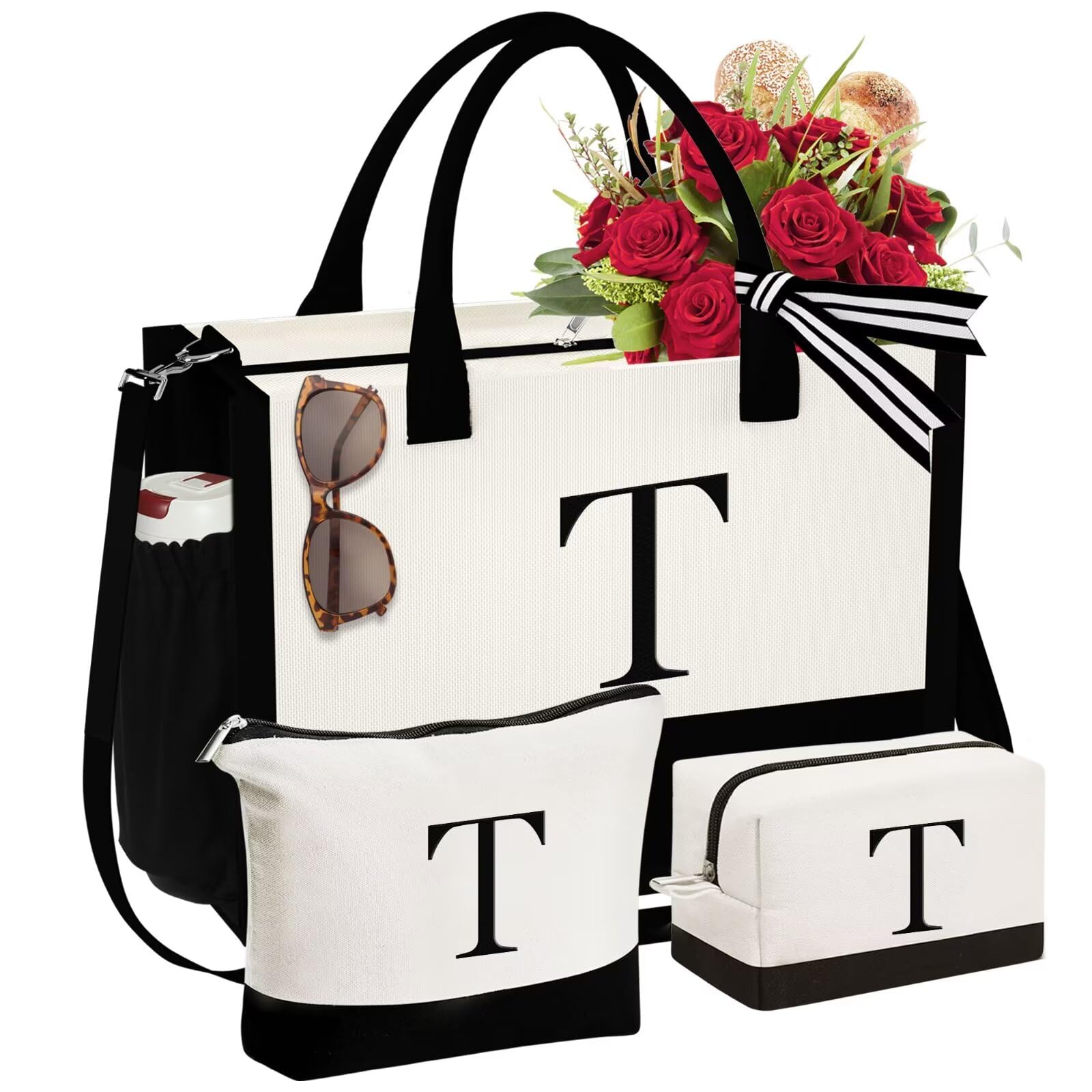 YOOLIFE Teacher Gifts for Women, Teacher Tote Bag, Initial Canvas Tote Bag & Makeup Bag, Letter T