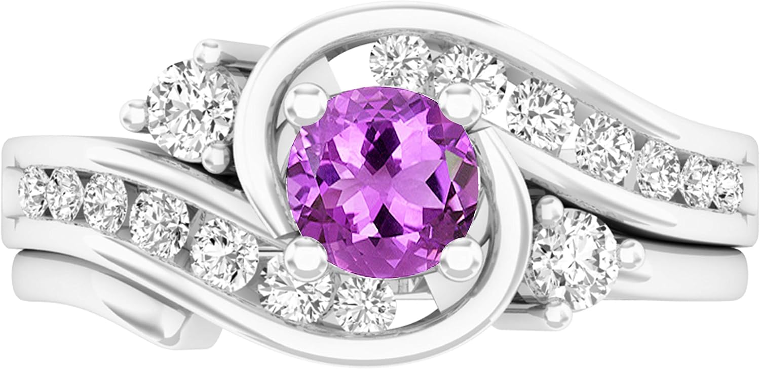 Dazzlingrock Collection 4.5mm Round Gemstone & White Natural Diamond Women Swirl Engagement Ring With Matching Band Set, in Real Solid Gold & 925 Sterling Silver