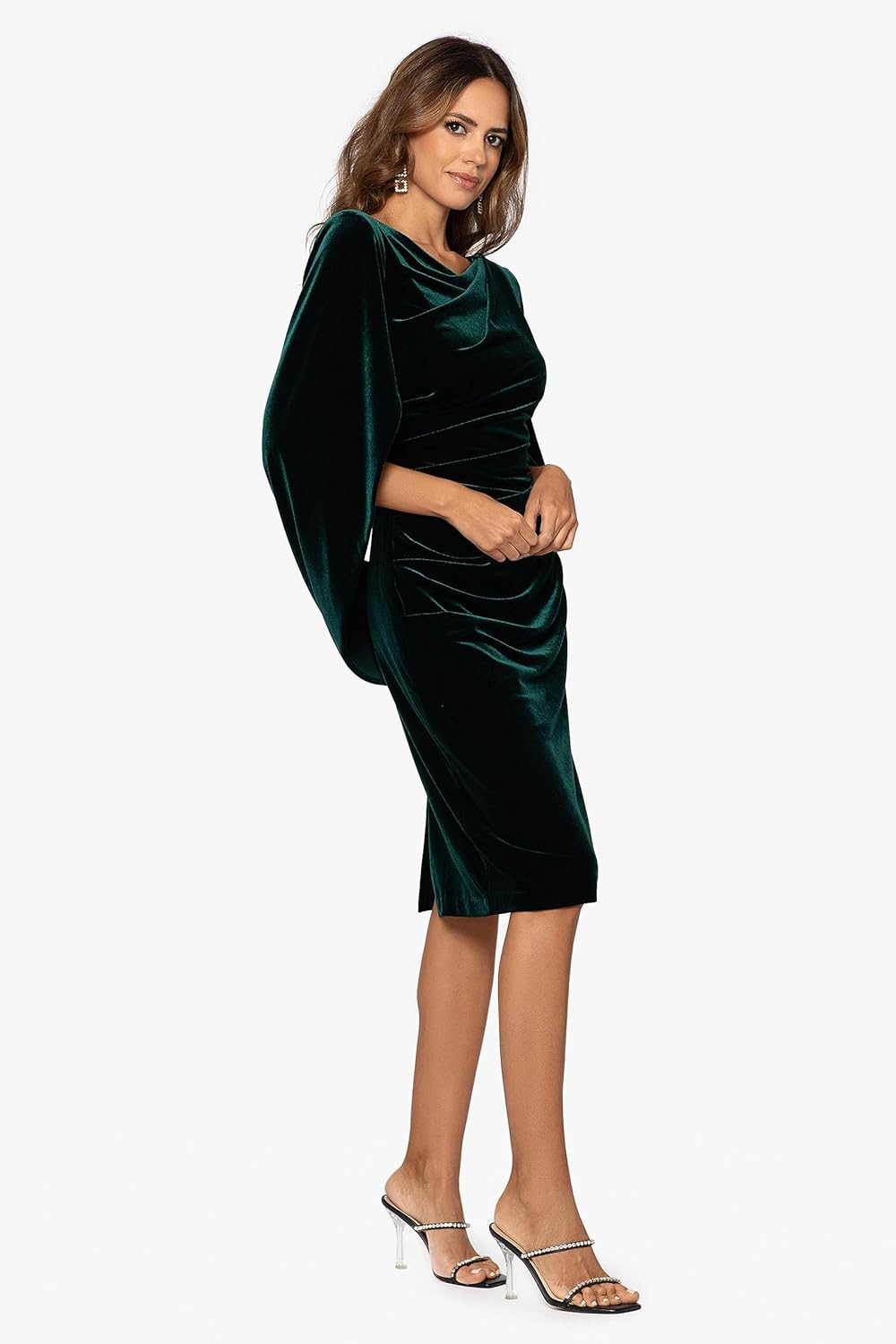 Betsy & Adam Womens Betsy & Adam Women's Knee-Length, Velvet, Cowl Neck, with Draped Detail and Cape Sleeves Silhouette - Image 3