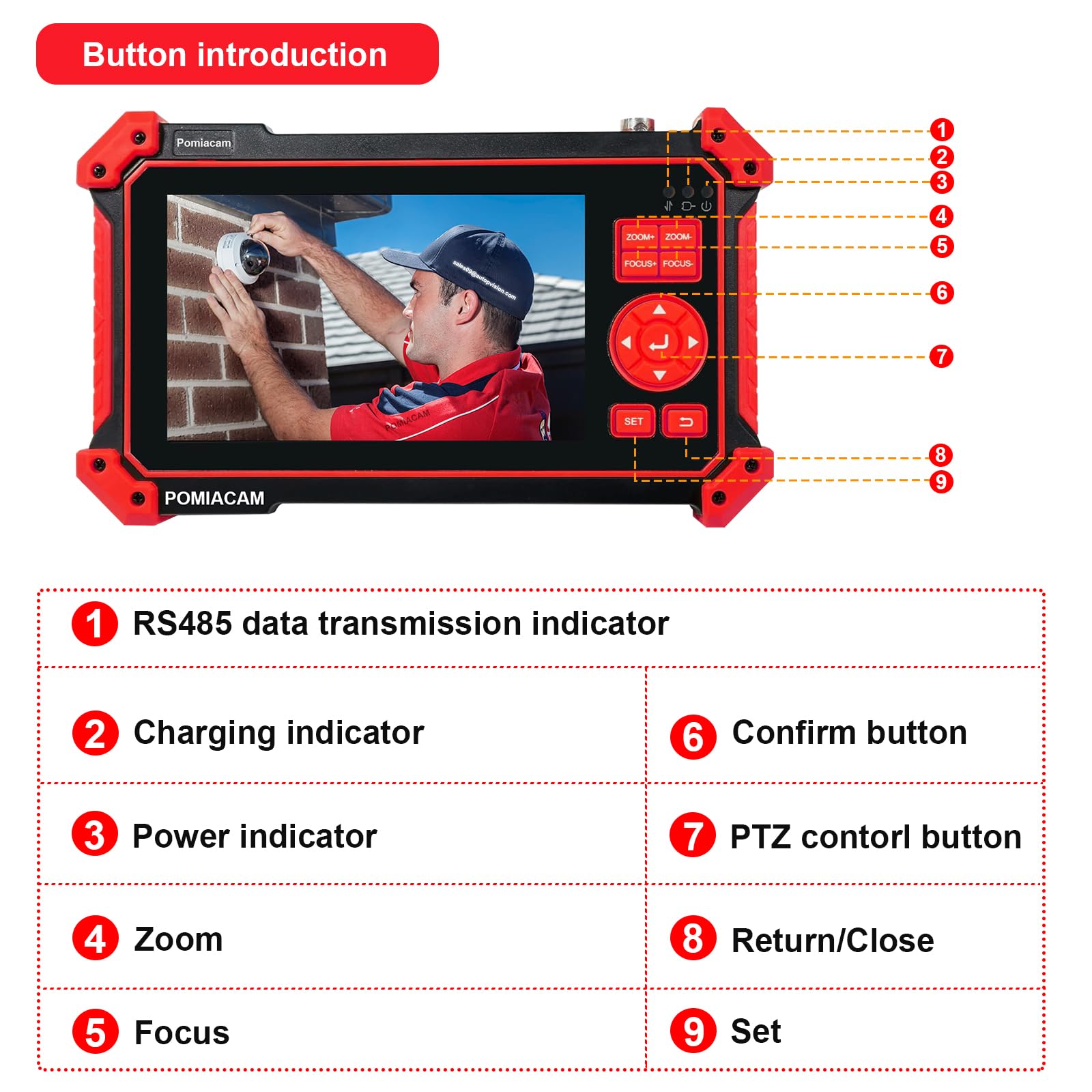 Tester per telecamera CCTV HD-2950, 8MP TVI CVI AHD CVBS Tester per fotocamera analogica da 5 pollici TFT-LCD Test cavo UTP Ingresso HDMI e VGA RS485 PTZ Control Audio Test 12V Potenza di uscita