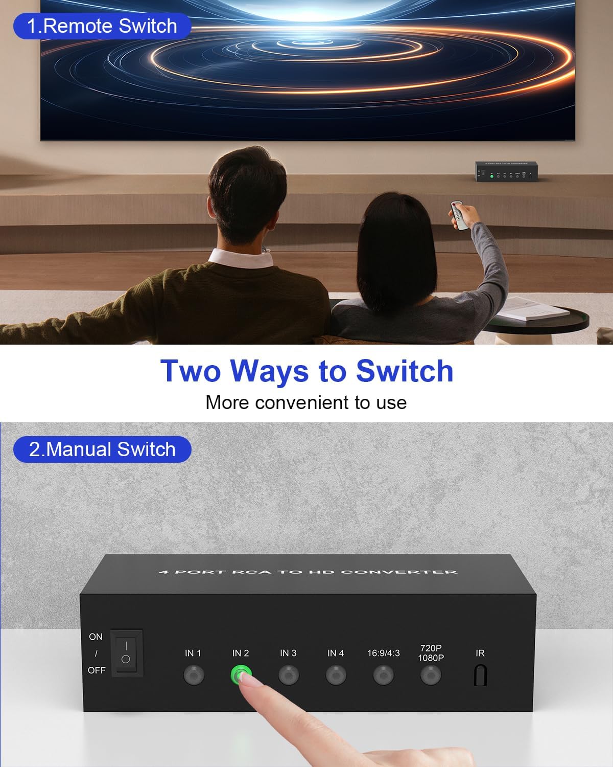 4-in 1-Out RCA to HDMI Converter with Remote – AV Composite to HDMI Adapter 1080P/720P, Supports 4:3/16:9 Switch, Compatible with PS1/PS2/PS3, Xbox, N64, SNES, Wii, DVD, VCR, Camcorder – Plug & Play